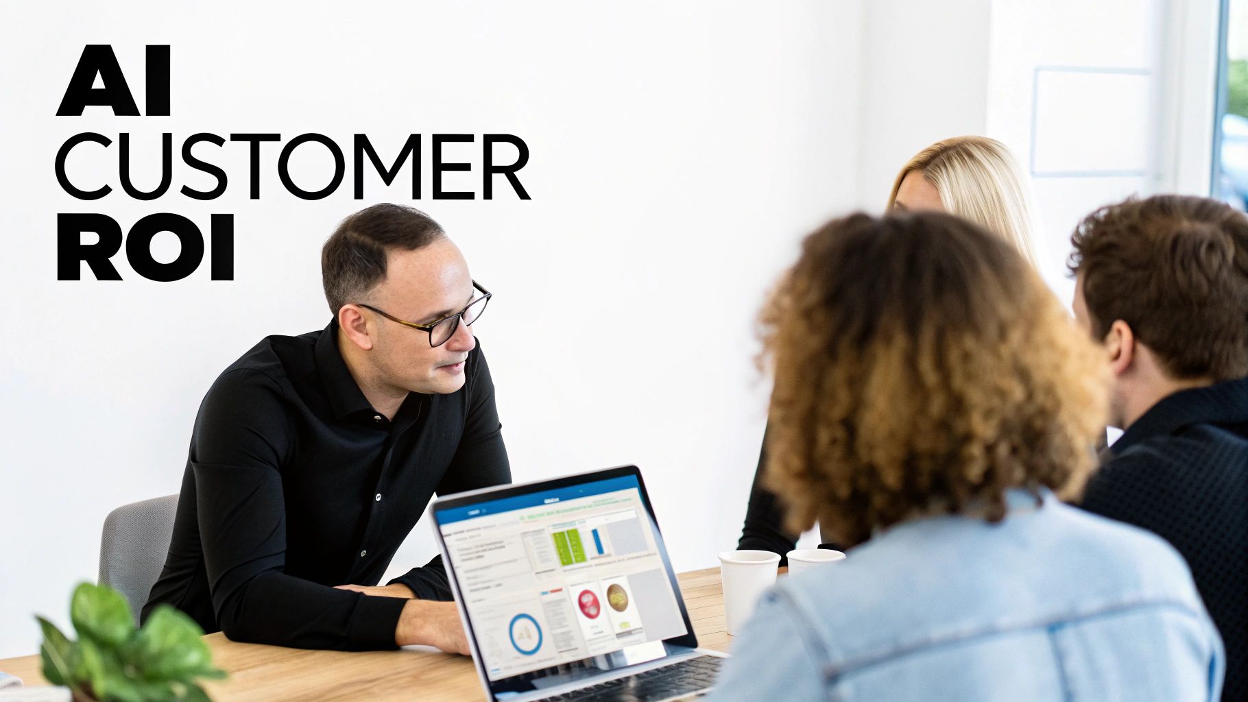Professionals discuss AI customer ROI in a meeting, with a laptop displaying analytics data.