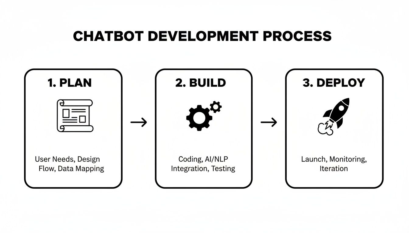 A three-step diagram illustrating the chatbot development process: Plan, Build, and Deploy.