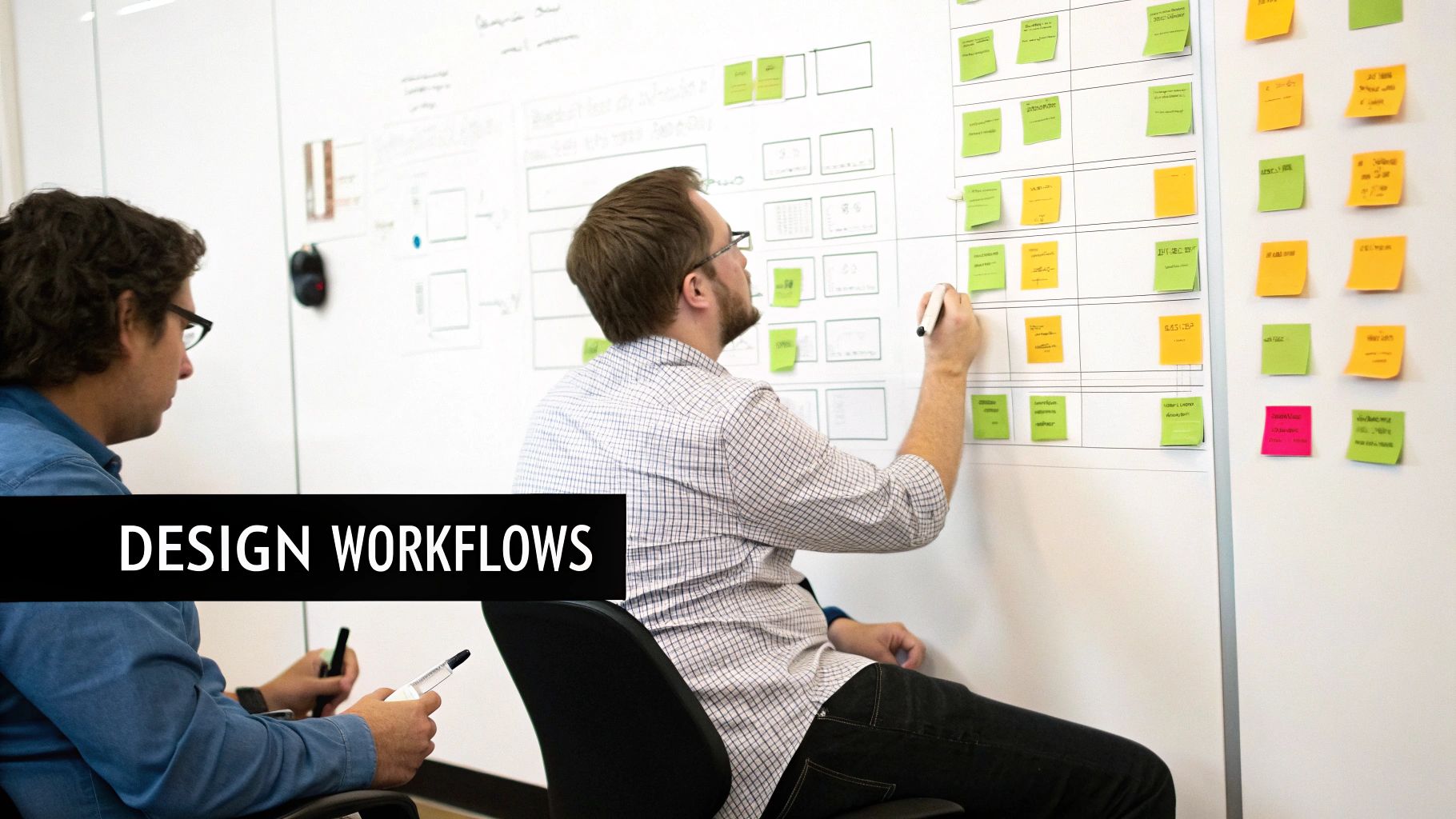 Two men collaborate on a whiteboard filled with diagrams and colorful sticky notes, discussing design workflows.