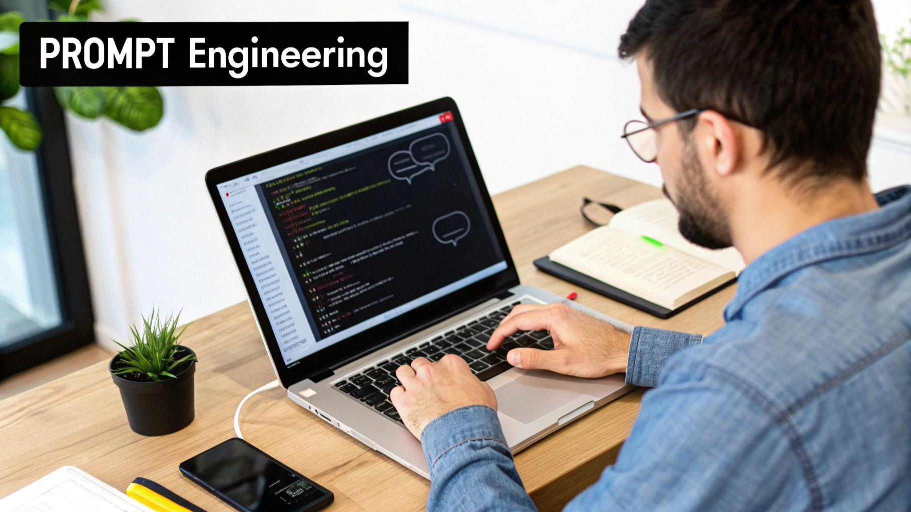 A man typing on a laptop, learning "PROMPT Engineering" with code and chat bubbles visible.