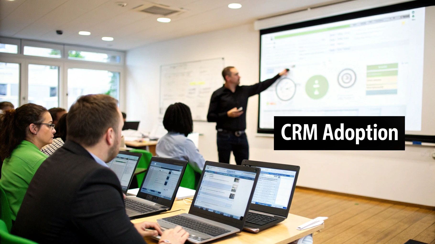 Participants attending a CRM adoption training session, working on laptops while a presenter points at a screen.