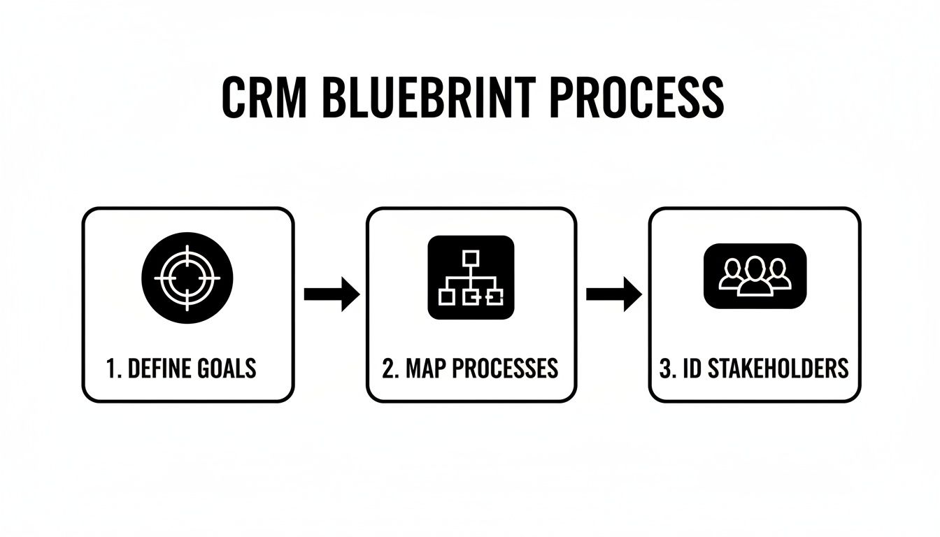 A CRM blueprint process flow illustrating three steps: define goals, map processes, and identify stakeholders.