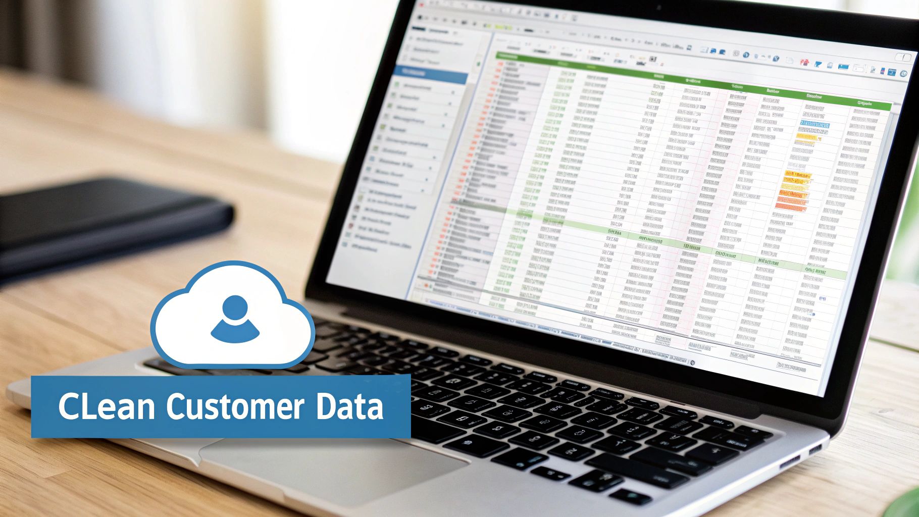 A laptop on a wooden desk showing a spreadsheet and a cloud icon with 'Clean Customer Data' text.