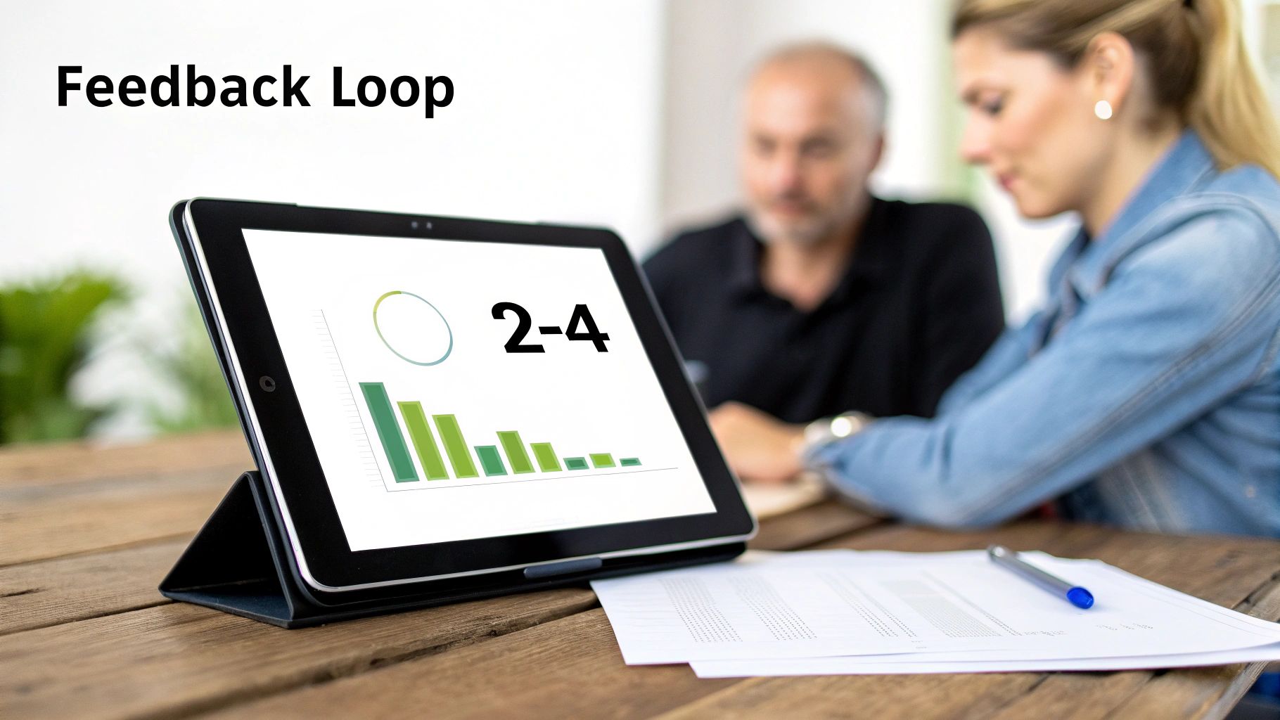 A tablet displaying a 'Feedback Loop' graph and data, with two people discussing in the background.