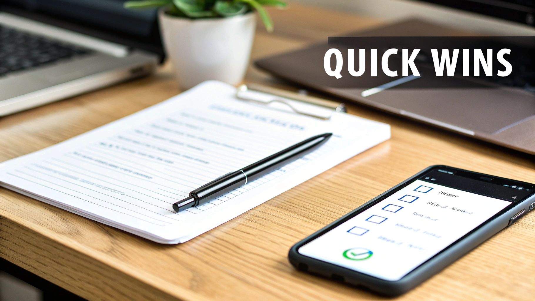 A desk with a laptop, plant, document, pen, and smartphone showing a checklist for quick wins.