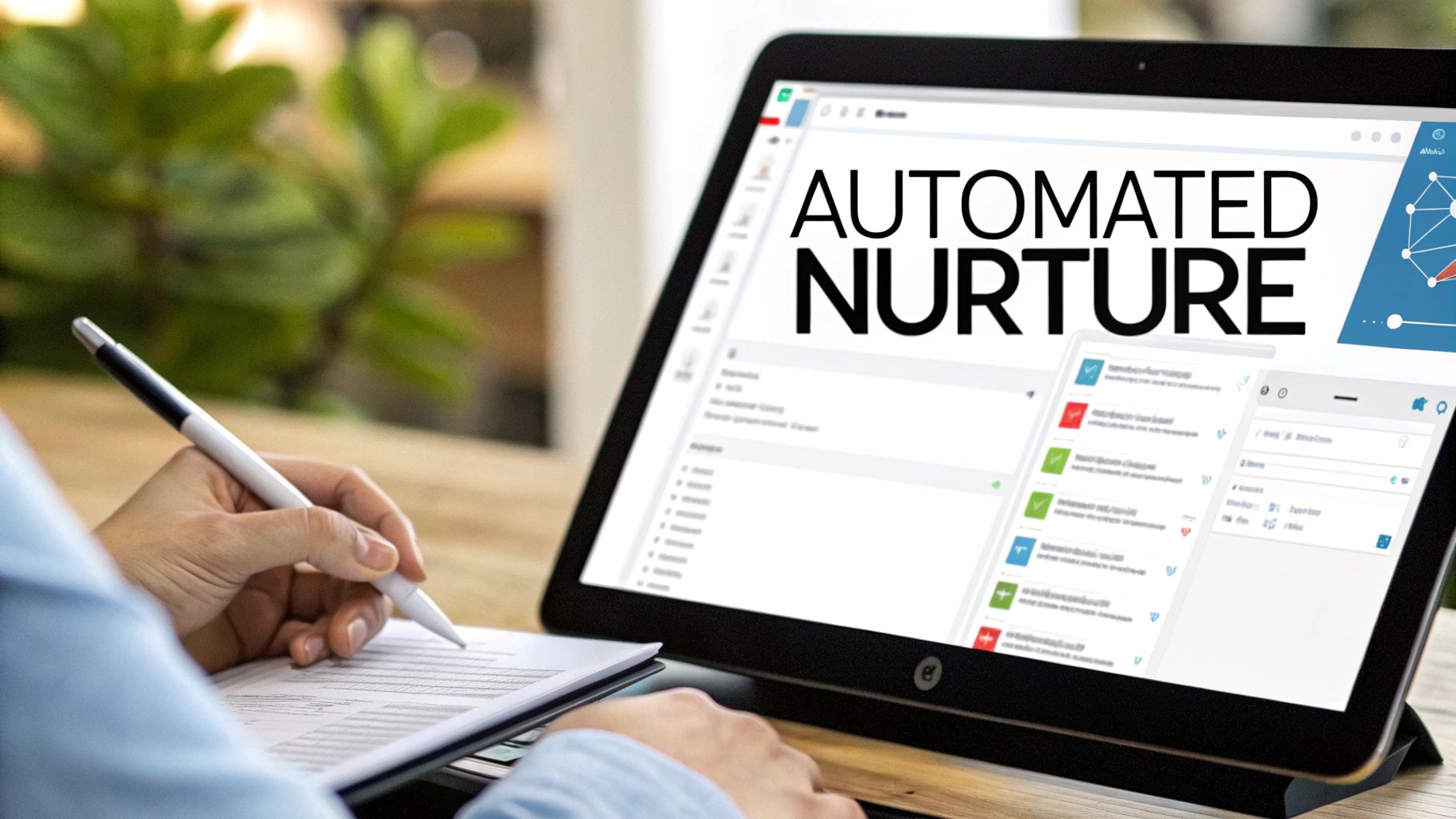 A person writes on a document with a pen, next to a tablet displaying 'AUTOMATED NURTURE' software.