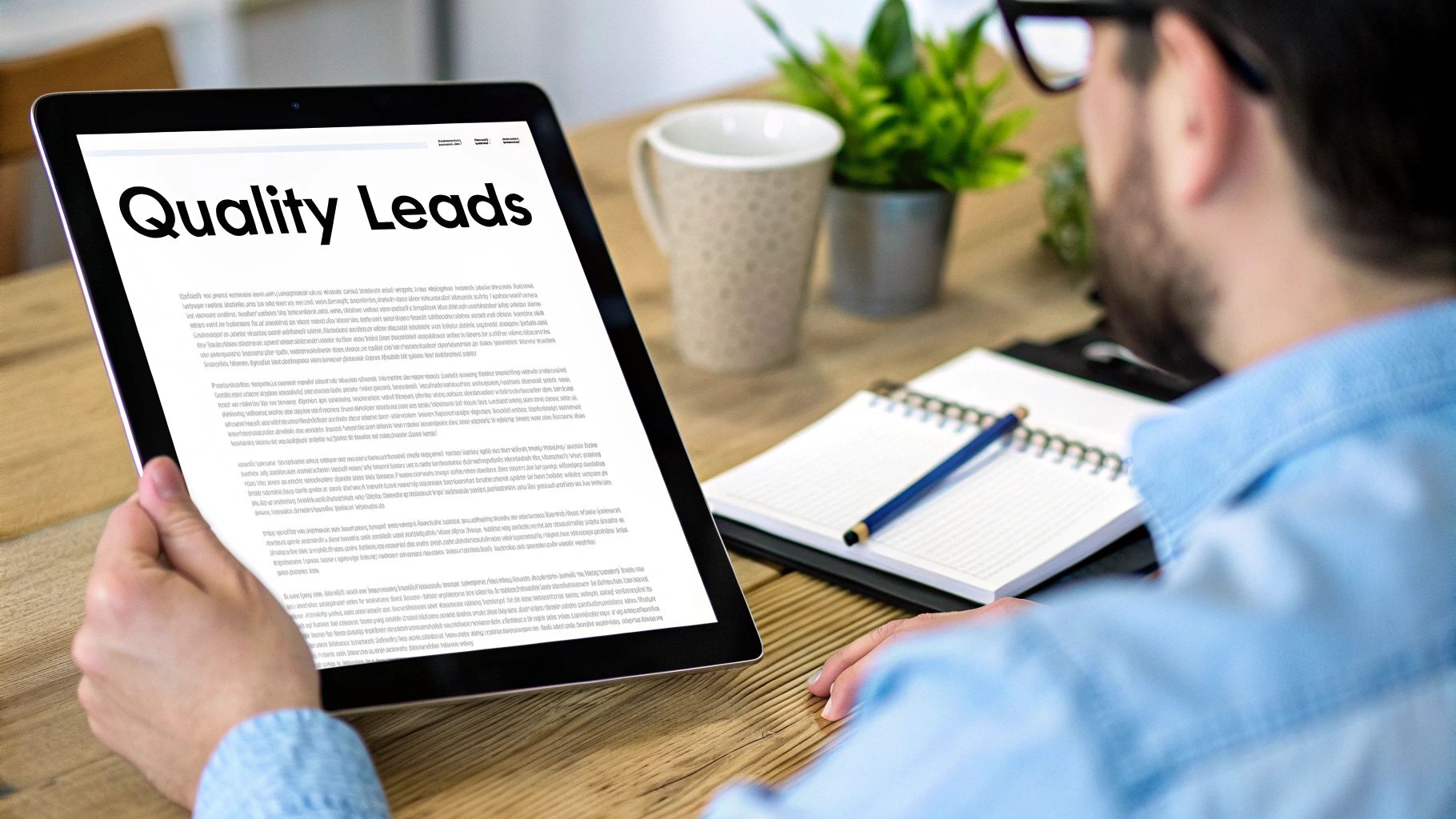 A man holds a tablet displaying 'Quality Leads' text, next to a notebook and coffee mug.