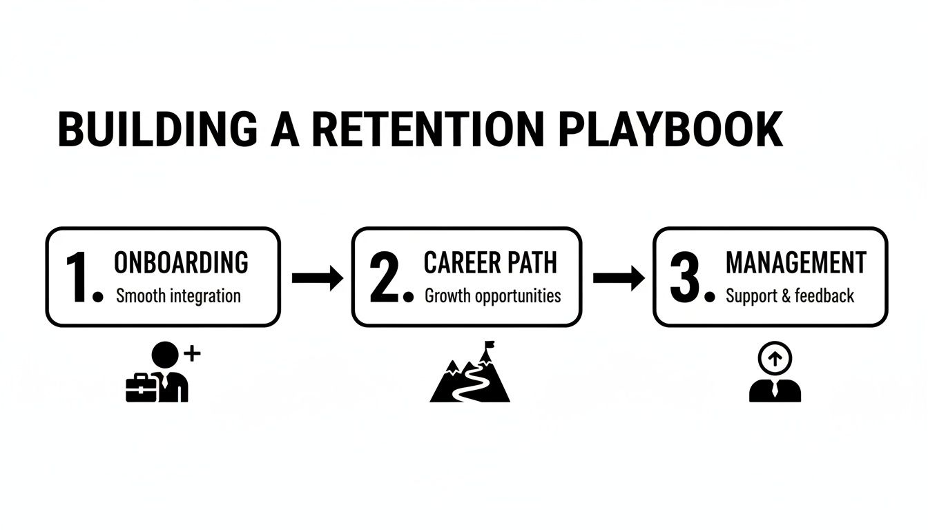 A diagram illustrating a three-step retention playbook: Onboarding, Career Path, and Management.