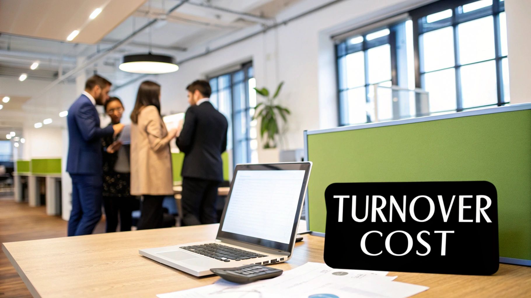 A "TURNOVER COST" sign on an office desk with a laptop, calculator, and blurred employees in the background.