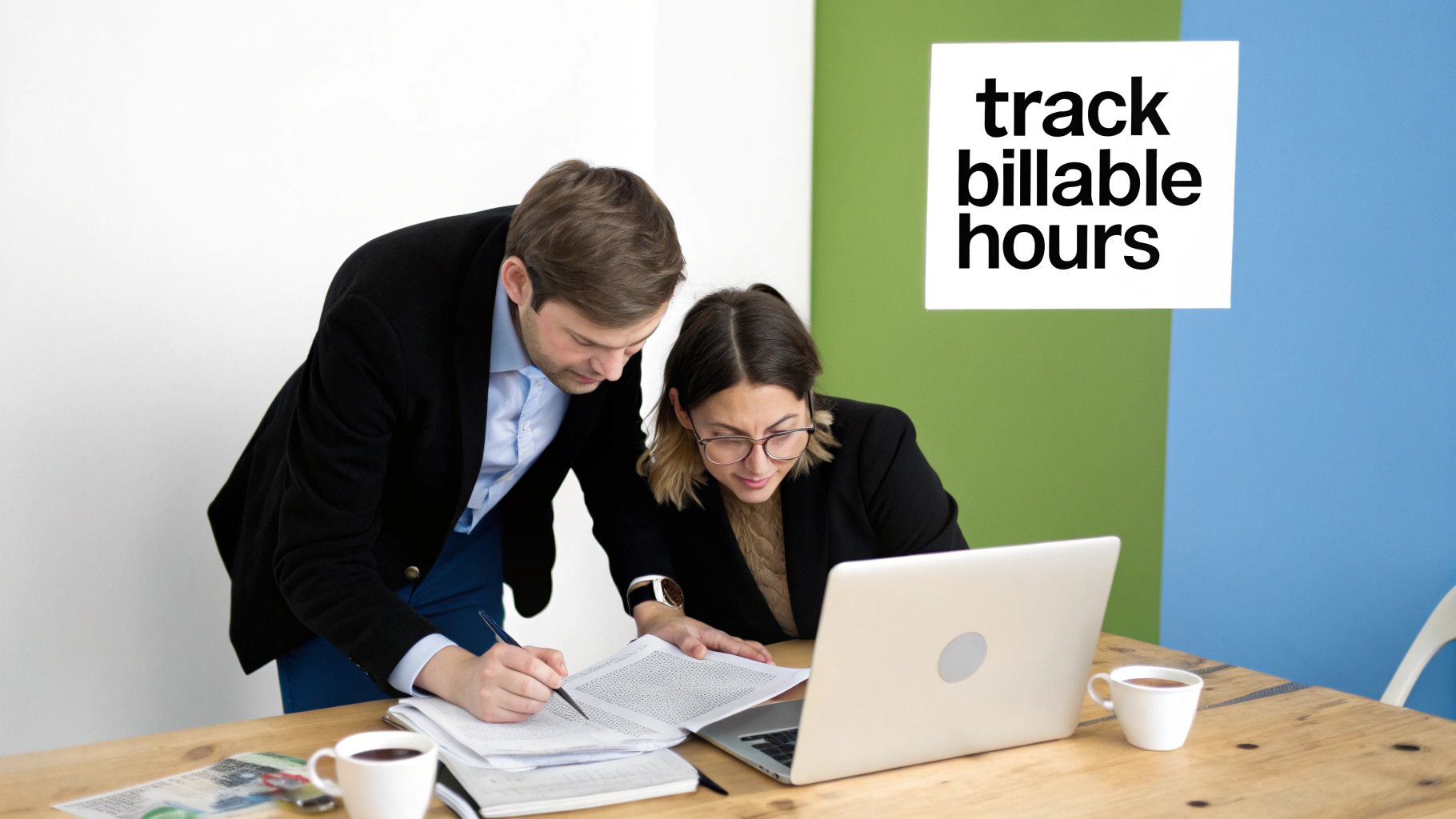Two business professionals review documents and a laptop, next to a 'track billable hours' sign.