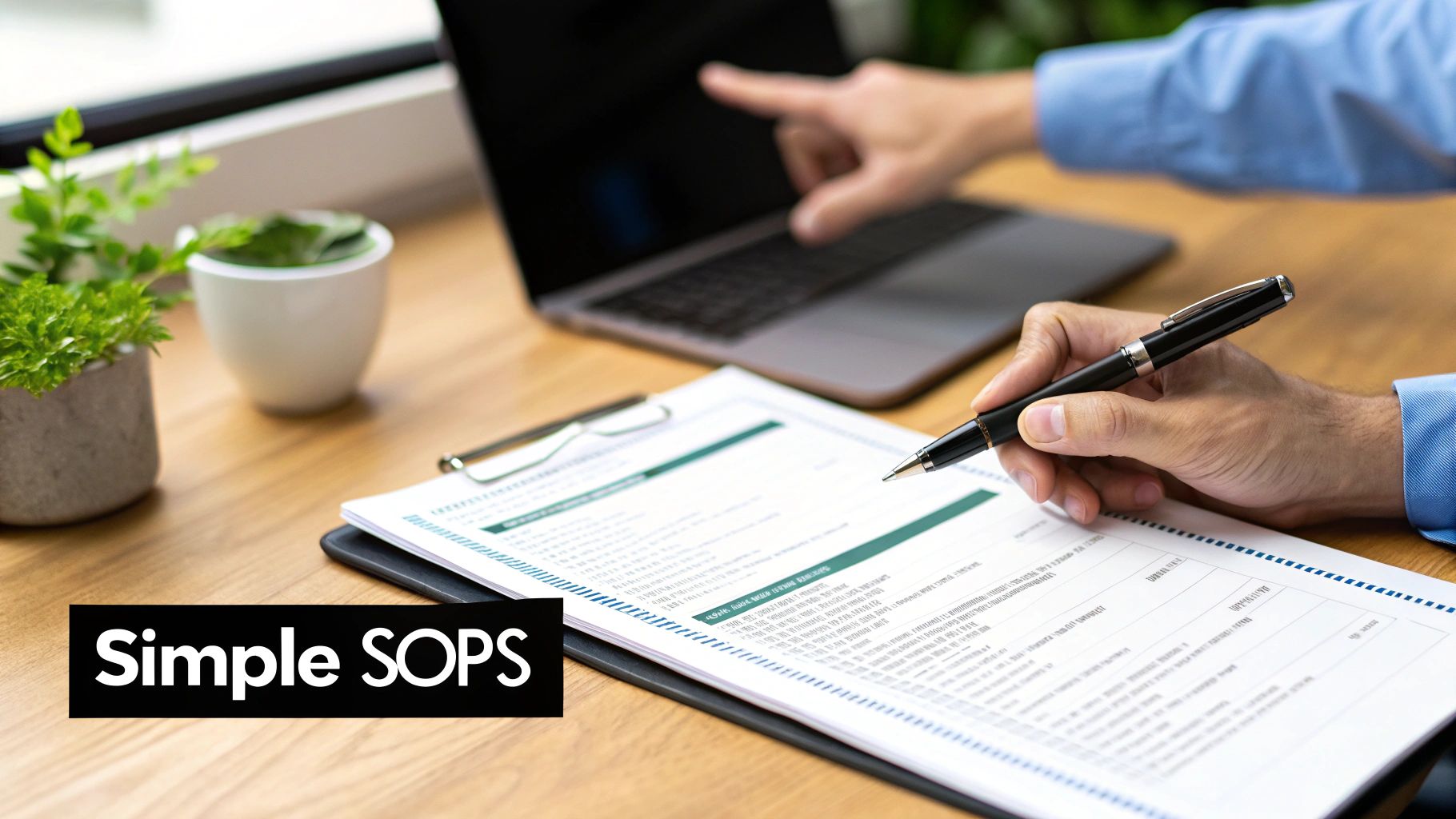 A person writes on a document with a pen while another points at a laptop screen, highlighting simple SOPs.