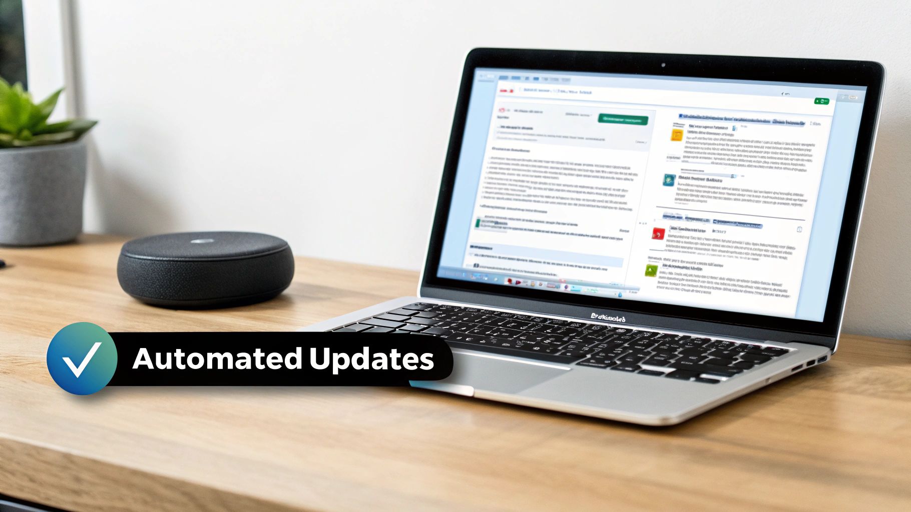 A laptop displaying a web application next to a smart speaker, with an 'Automated Updates' overlay.