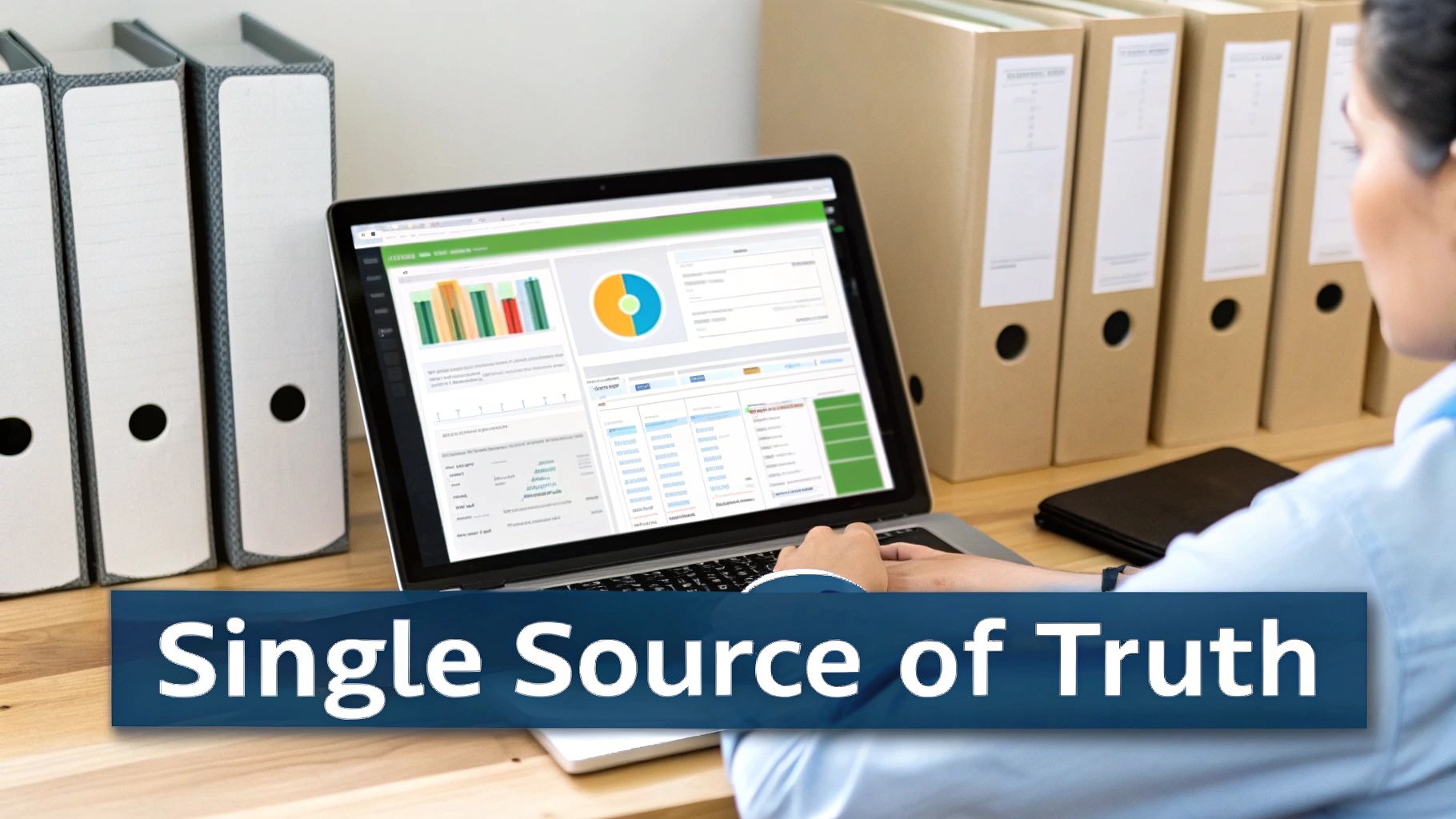 Person analyzing business data and charts on a laptop, surrounded by office binders.