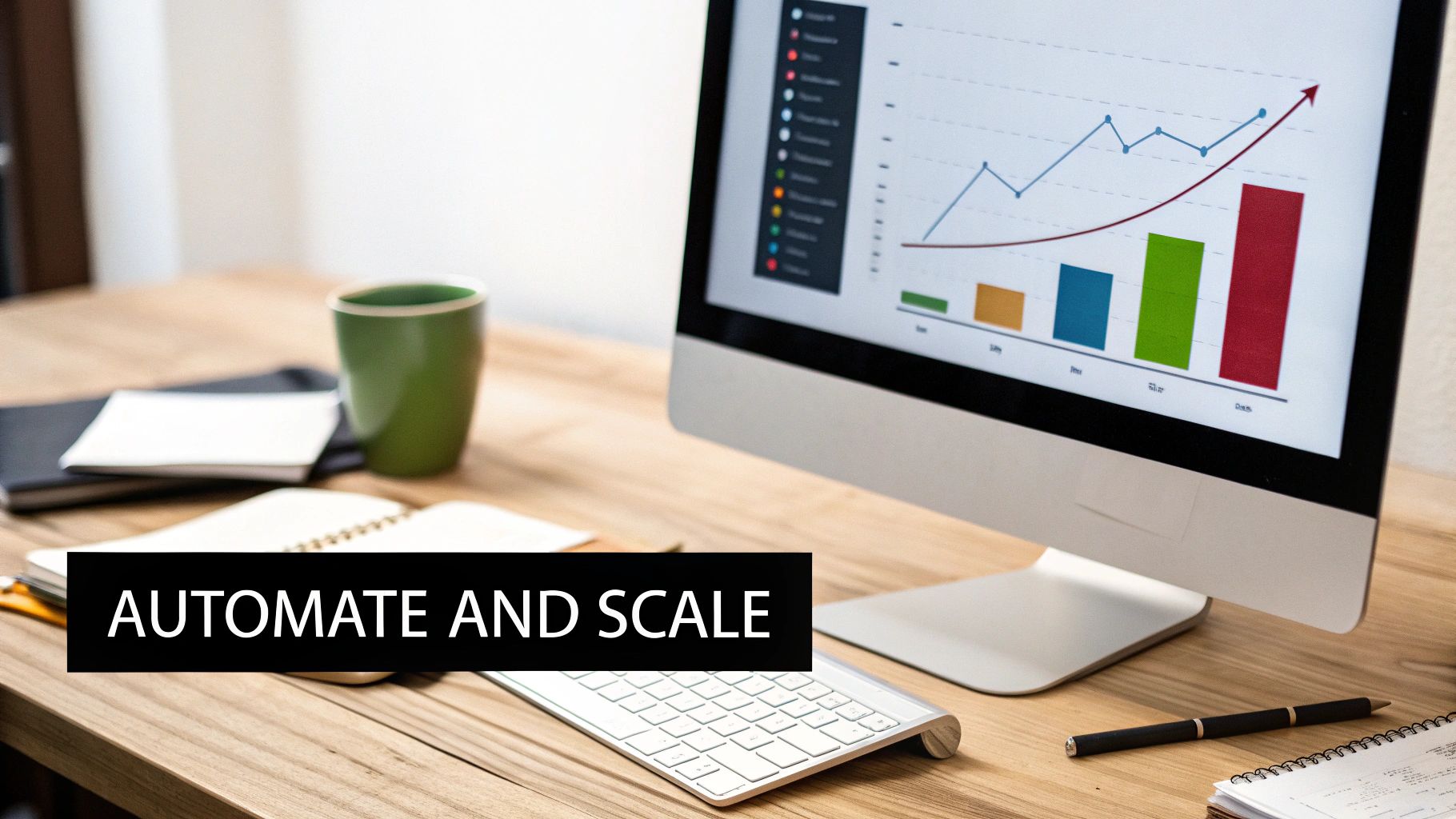 A computer screen displays a growing business chart on a desk with notebooks, a mug, and 'Automate and Scale' text.