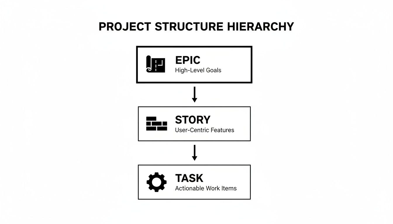 Diagram illustrating project structure hierarchy from epic to story to task with descriptions.