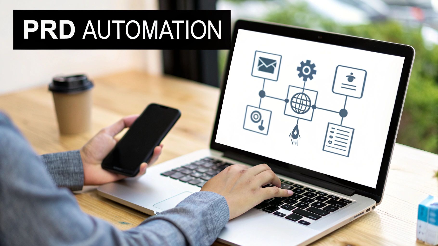 A person works on a laptop displaying a workflow diagram and holds a smartphone, with a 'PRD AUTOMATION' banner.