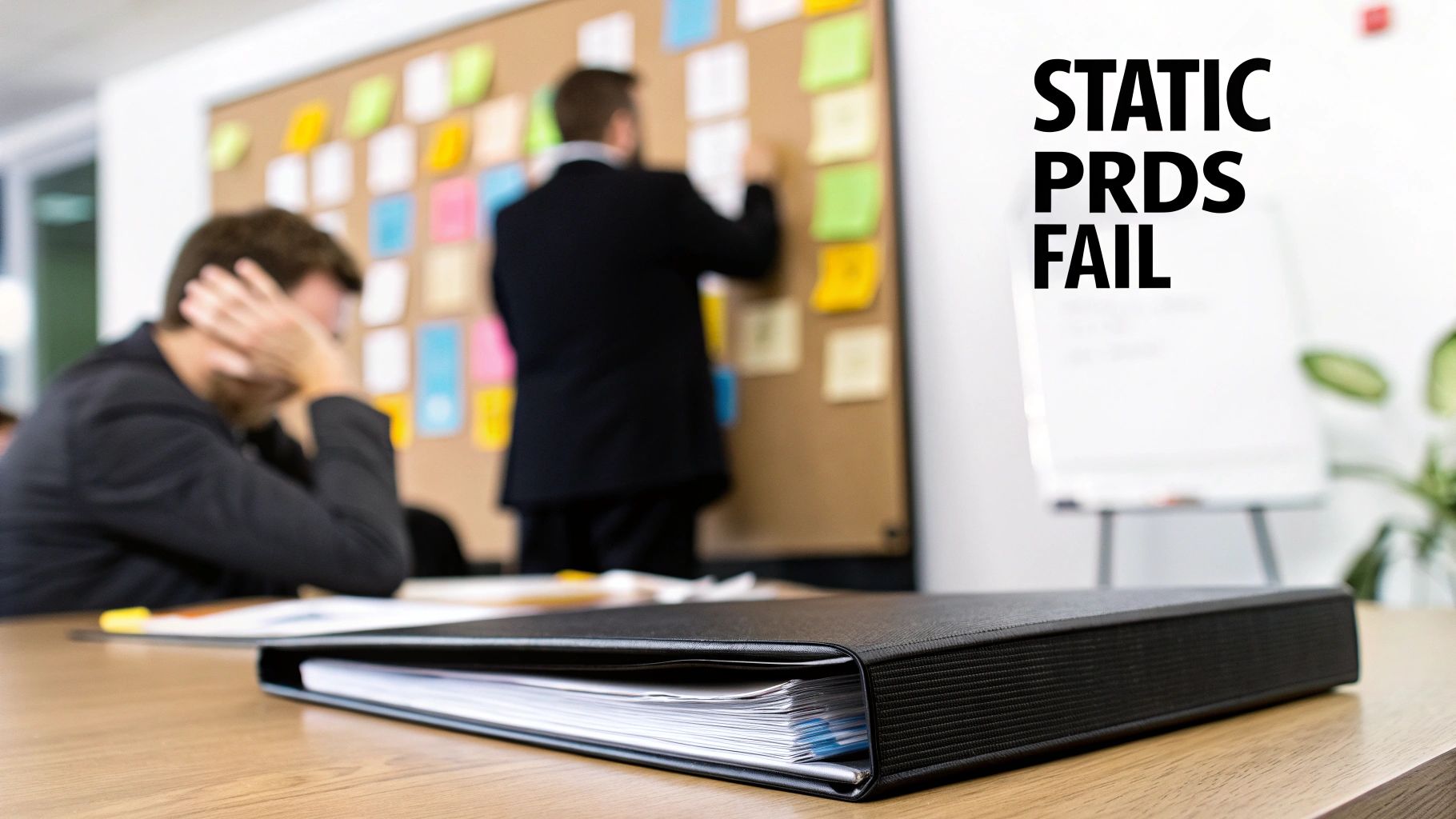 A stressed team member and a large binder emphasize static PRDs failing in agile environments.