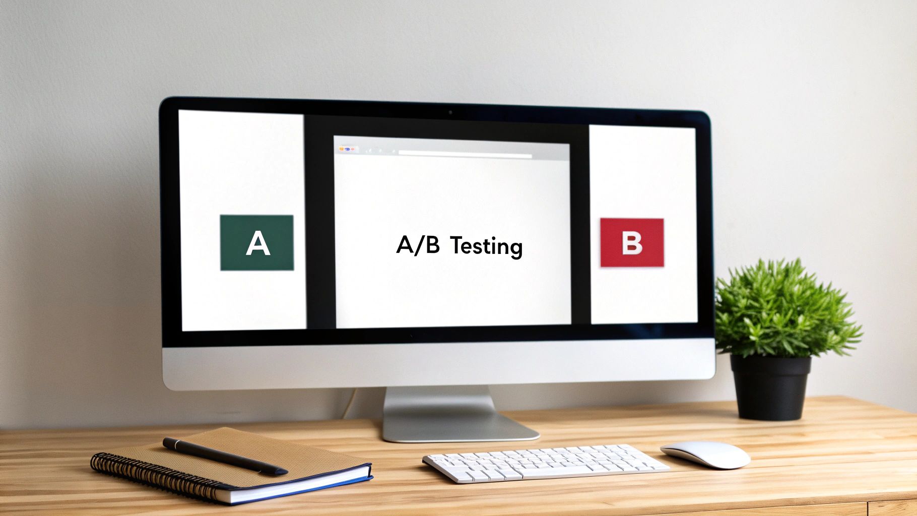 A desktop computer monitor displays an A/B testing interface with options A and B, on a wooden desk.