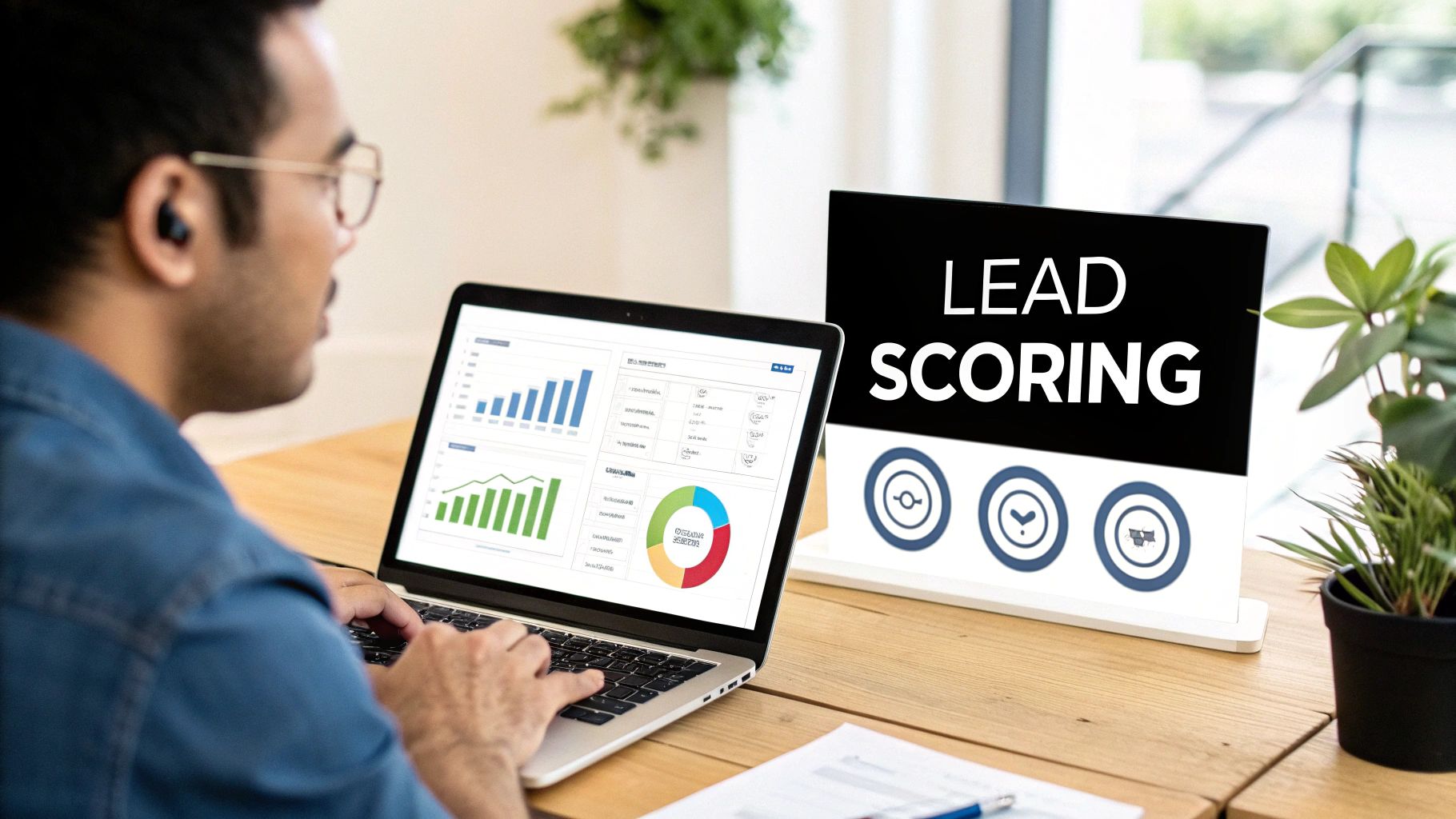 Businessman reviews lead scoring metrics on laptop with data charts and a 'Lead Scoring' monitor.