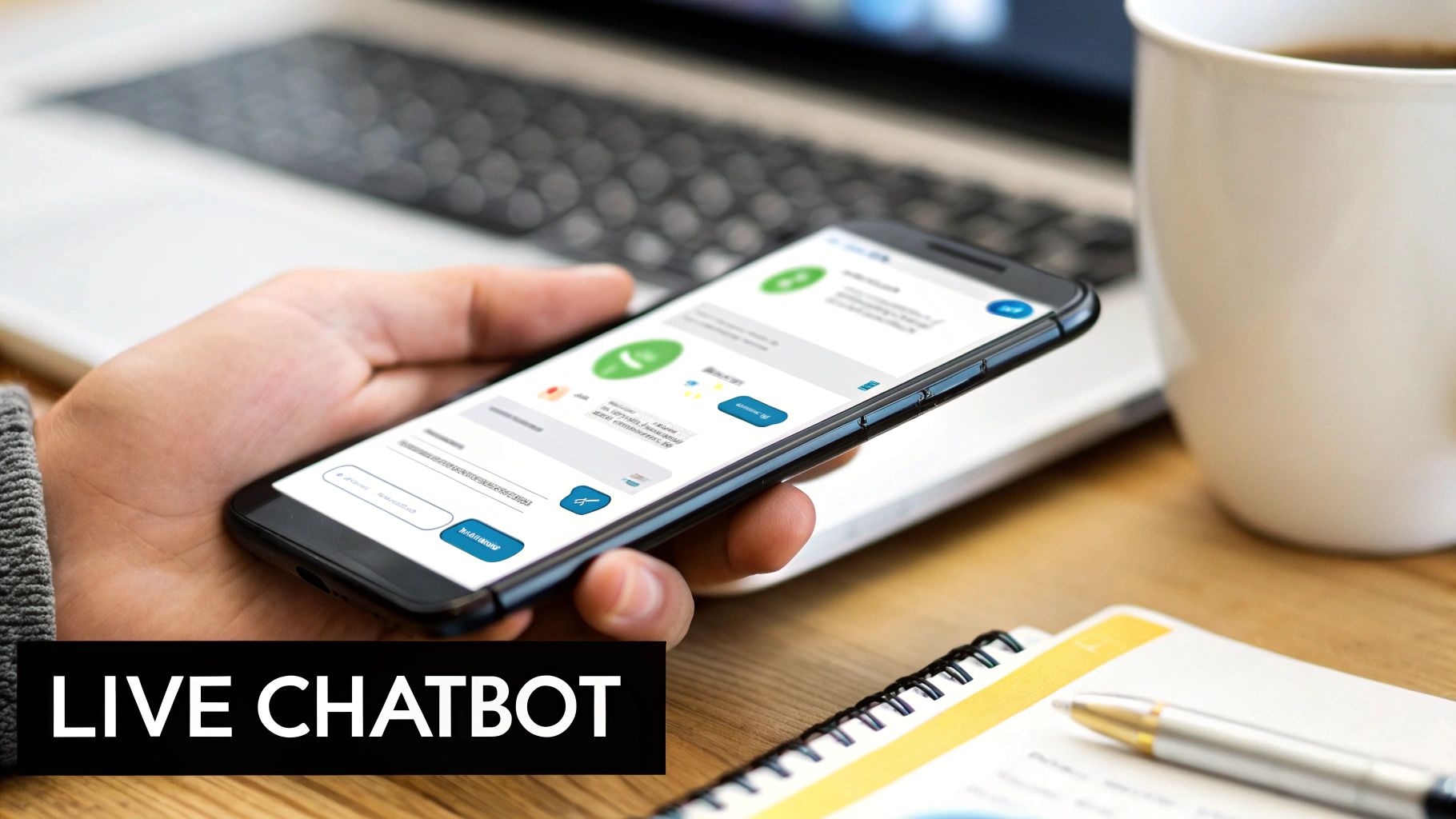 A hand holding a smartphone displaying a live chatbot interface, next to a laptop and coffee.