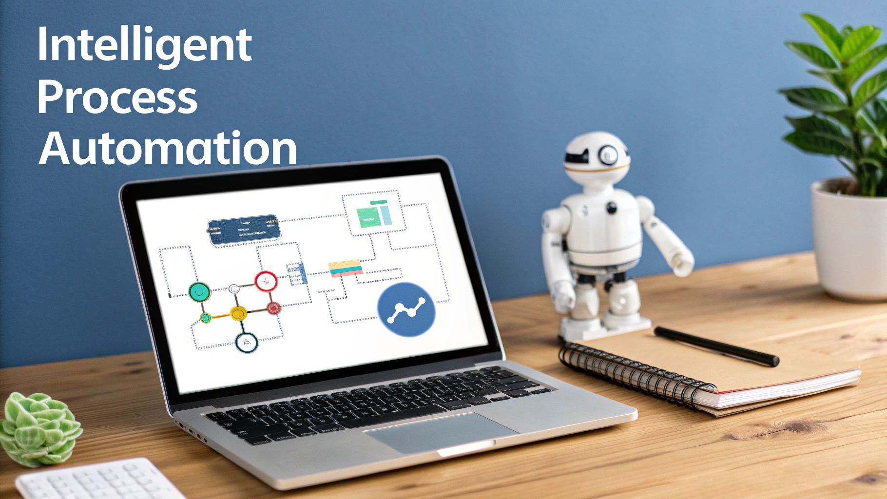 A laptop on a wooden desk displays a process flowchart, with a robot figure and 'Intelligent Process Automation' text.