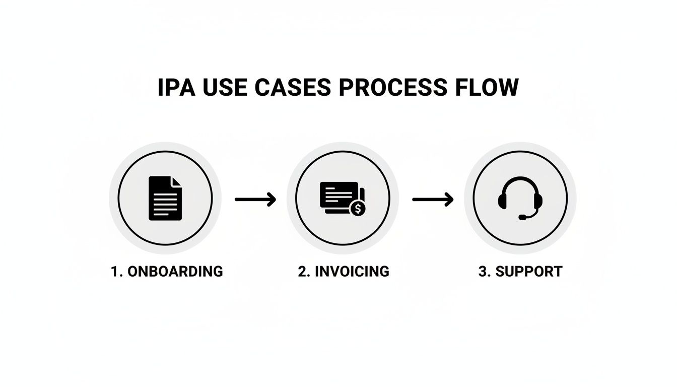 A flow diagram illustrating Intelligent Process Automation (IPA) use cases: Onboarding, Invoicing, and Support processes.