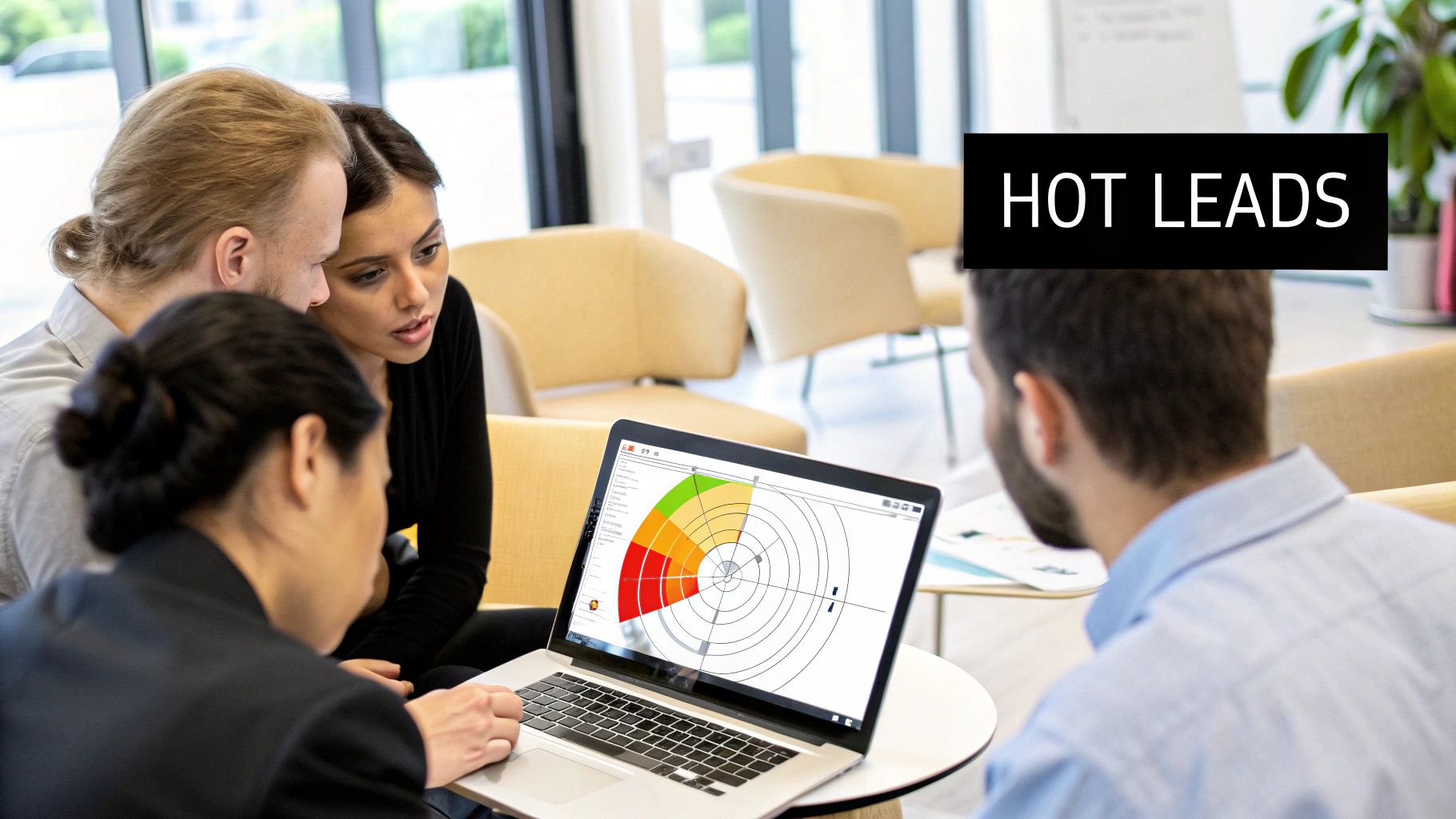 Colleagues discuss 'HOT LEADS' on a laptop displaying a colorful lead scoring chart.