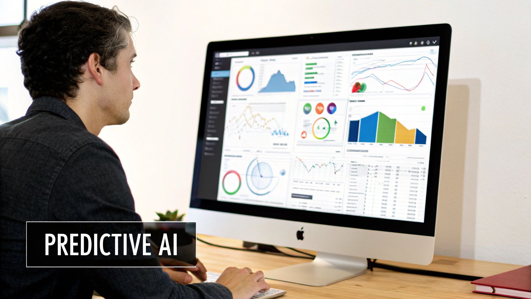 A man focused on a computer screen displaying predictive AI data analytics and charts.