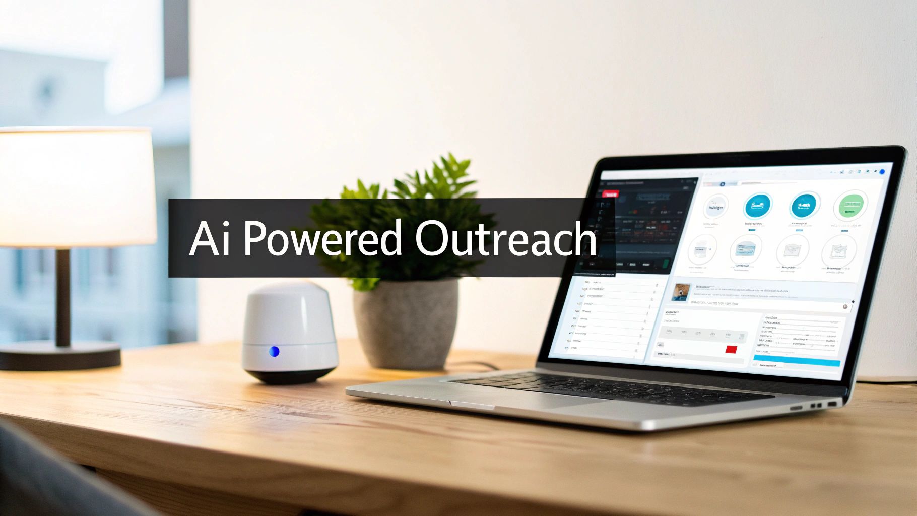 A modern workspace with a laptop displaying a dashboard and a text overlay 'Ai Powered Outreach'.