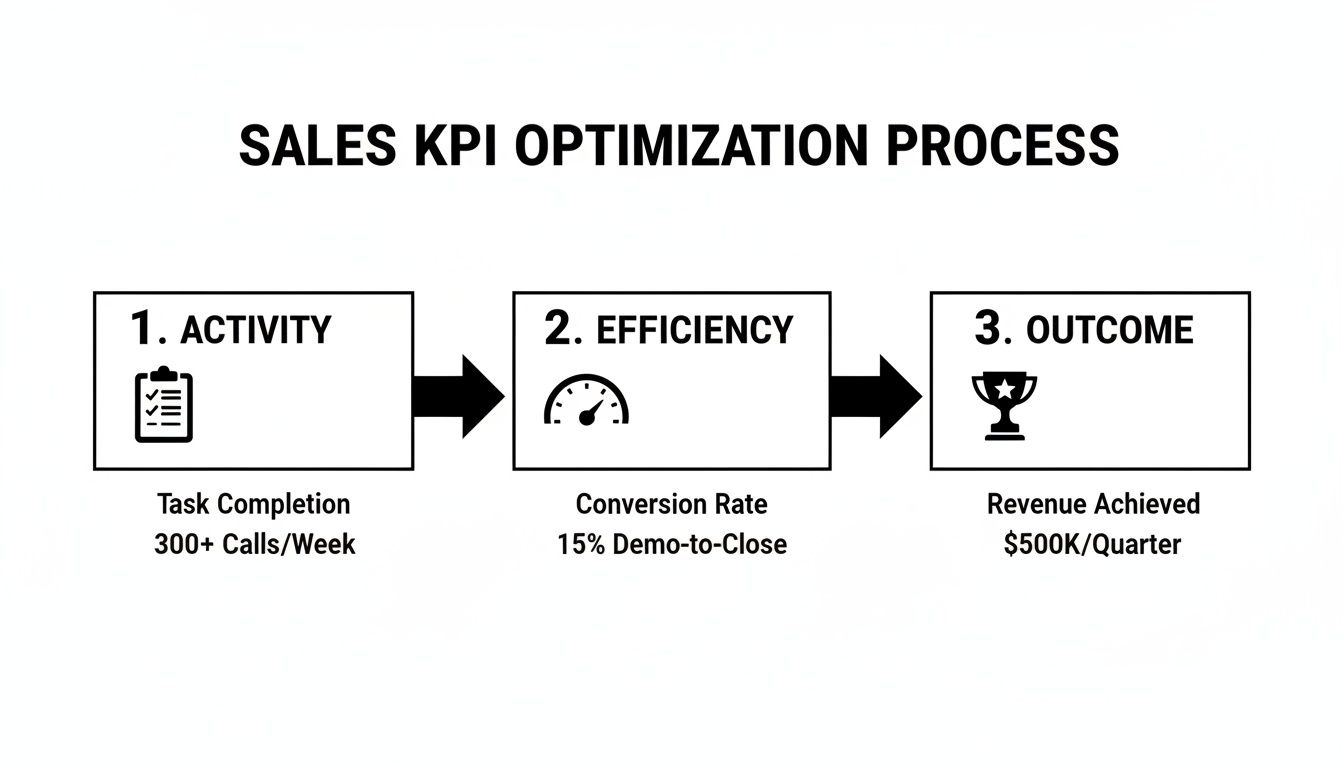 Sales KPI optimization process diagram outlining activity, efficiency, and outcome with specific metrics.