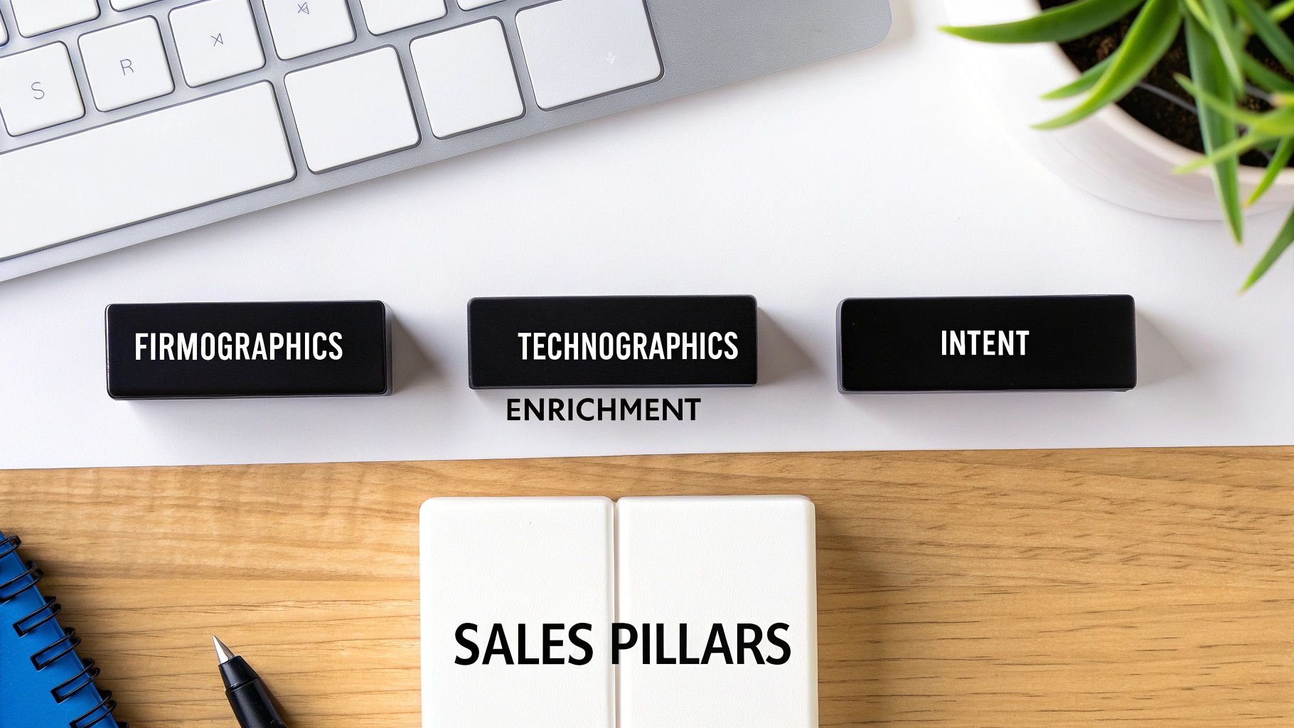 Desk flat lay showing blocks with Firmographics, Technographics, Intent, Enrichment, and Sales Pillars.