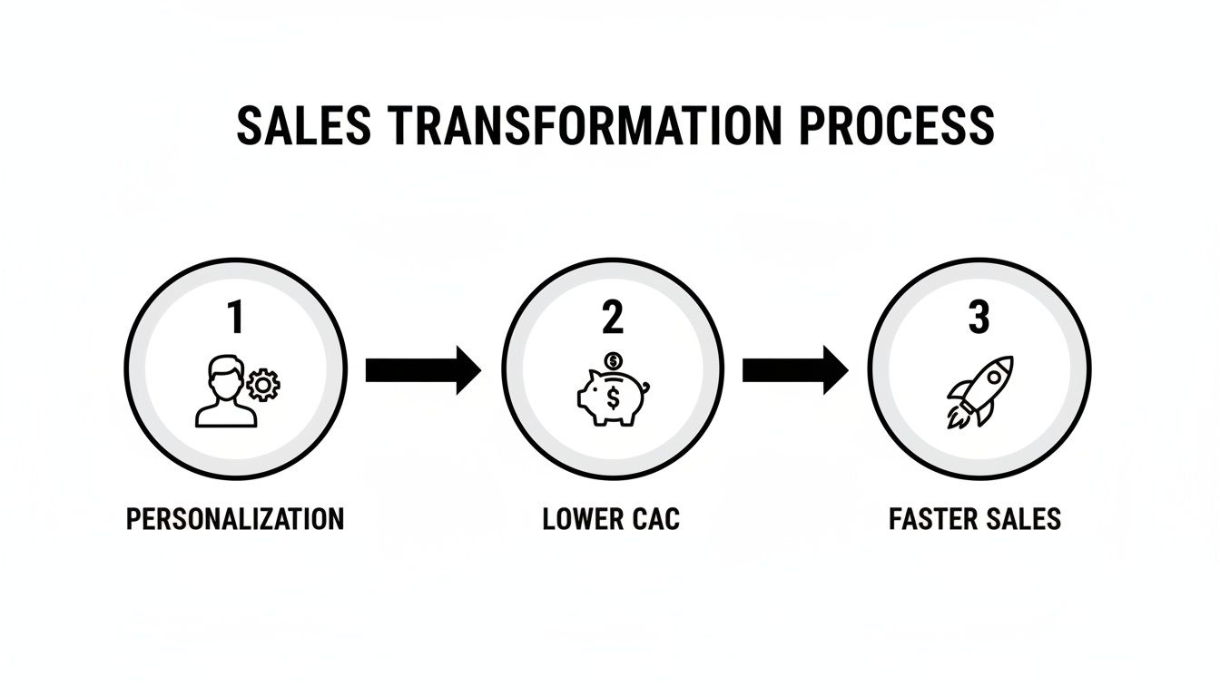 Sales transformation process with steps: personalization, lower CAC, and faster sales with icons.