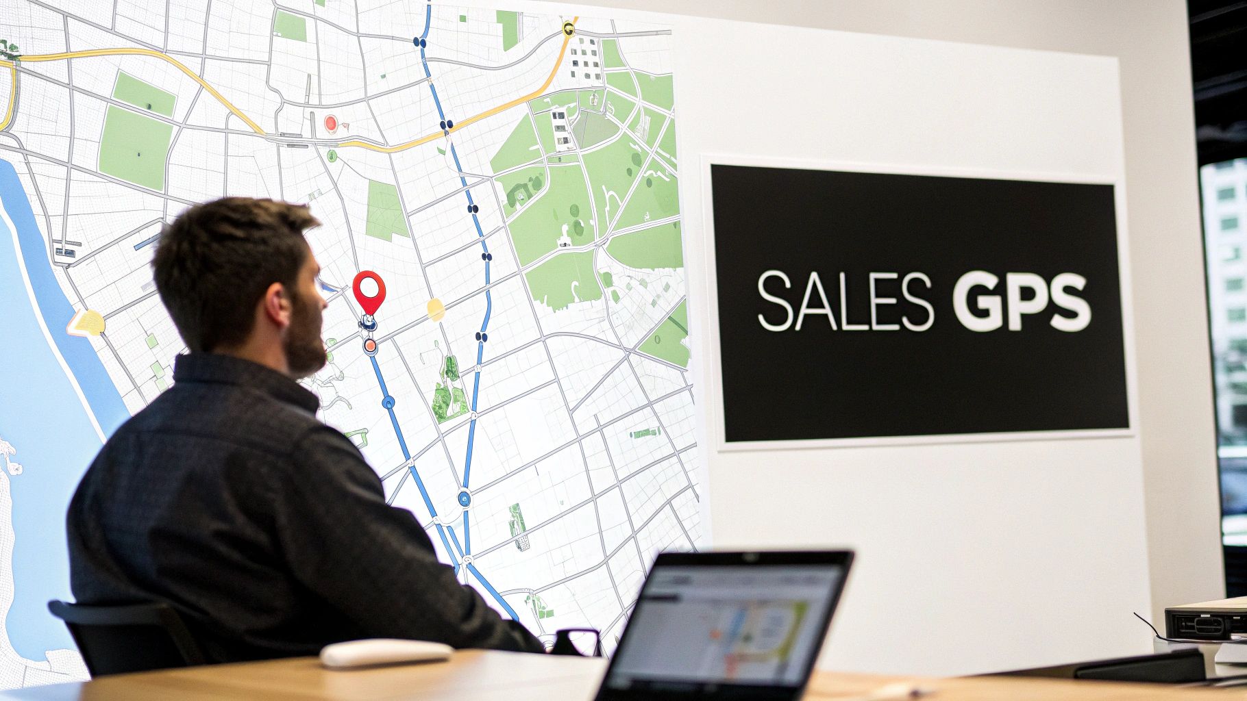 Man reviews large sales strategy map on wall with 'SALES GPS' sign, focused on business intelligence.