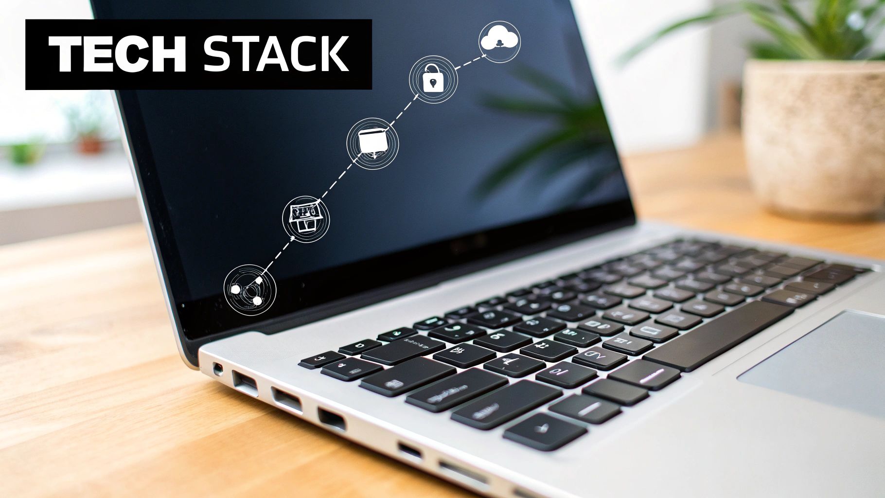A laptop screen showing a 'Tech Stack' diagram with connected icons for technology processes.