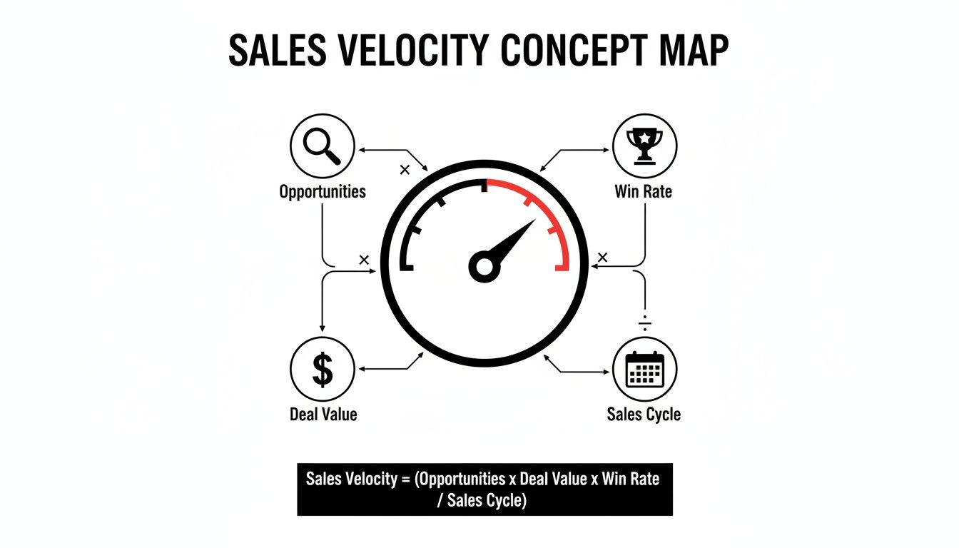 A Sales Velocity concept map illustrating the formula with opportunities, deal value, win rate, and sales cycle.