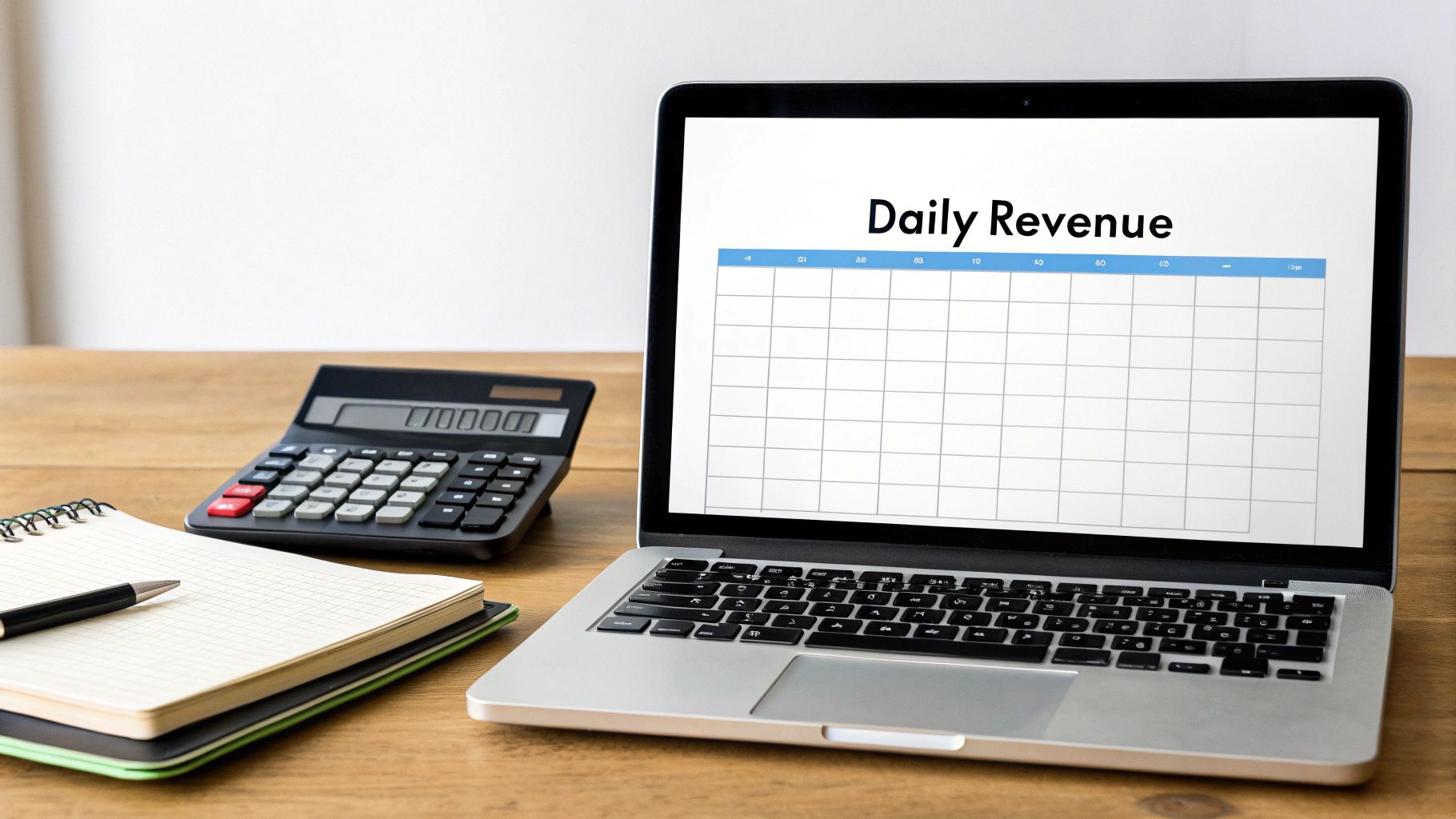 A laptop screen displays a 'Daily Revenue' spreadsheet, next to a calculator, notebook, and pen on a wooden desk, symbolizing financial tracking.