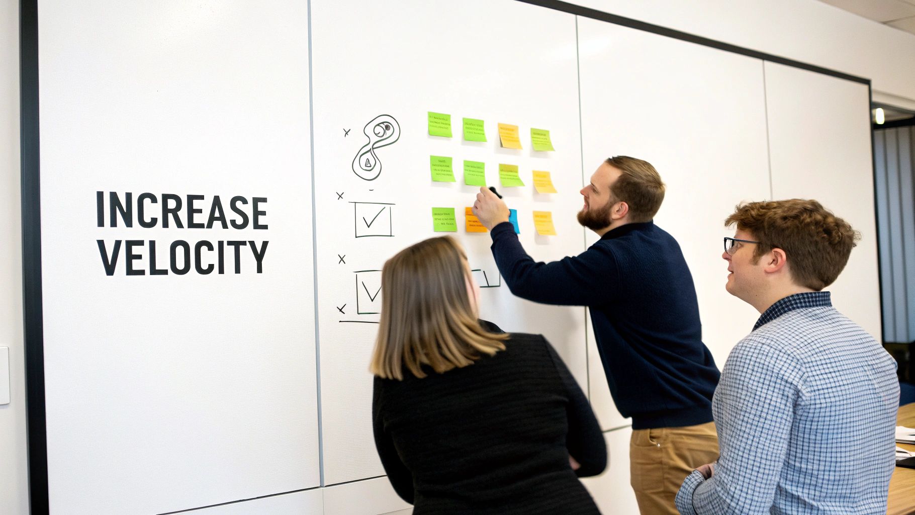 Three colleagues collaborate in an office, brainstorming ideas on a whiteboard with sticky notes.
