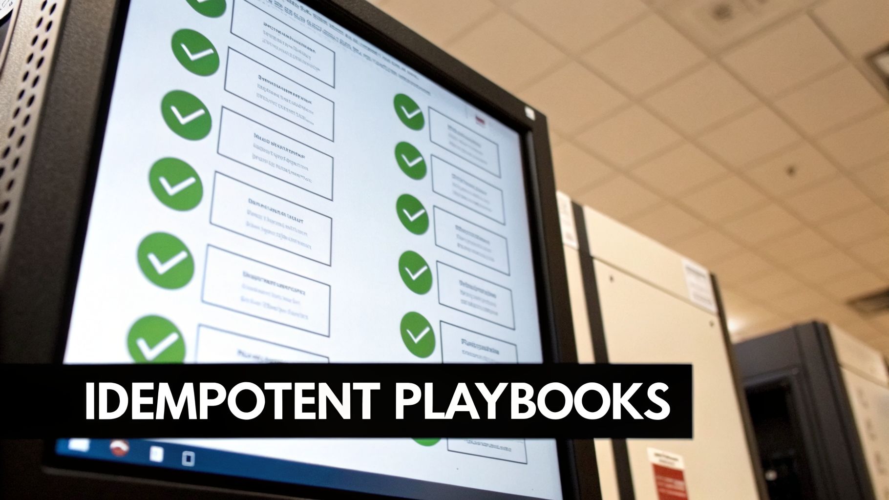 Close-up of a monitor showing 'IDEMPOTENT PLAYBOOKS' with green checkmarks for completed tasks in a data center.