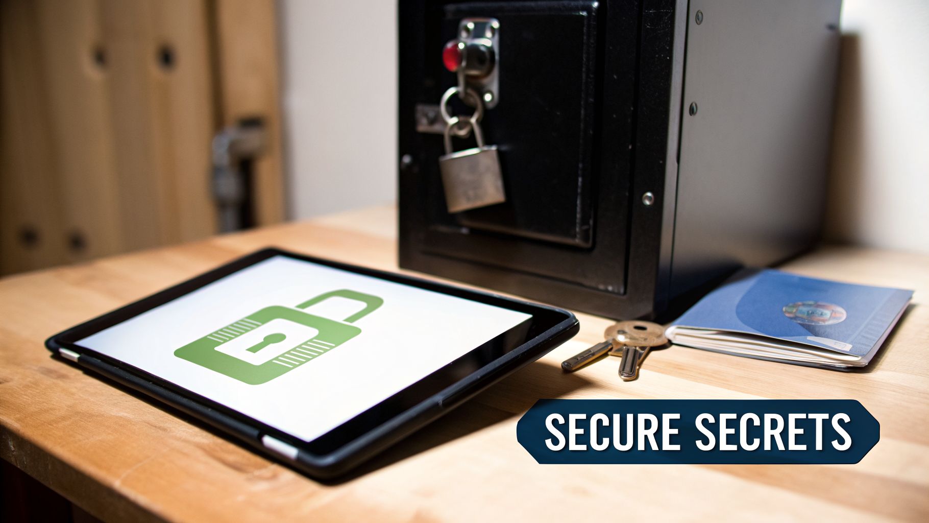 A black safe, keys, passport, and a tablet showing a green lock icon, representing digital and physical security.
