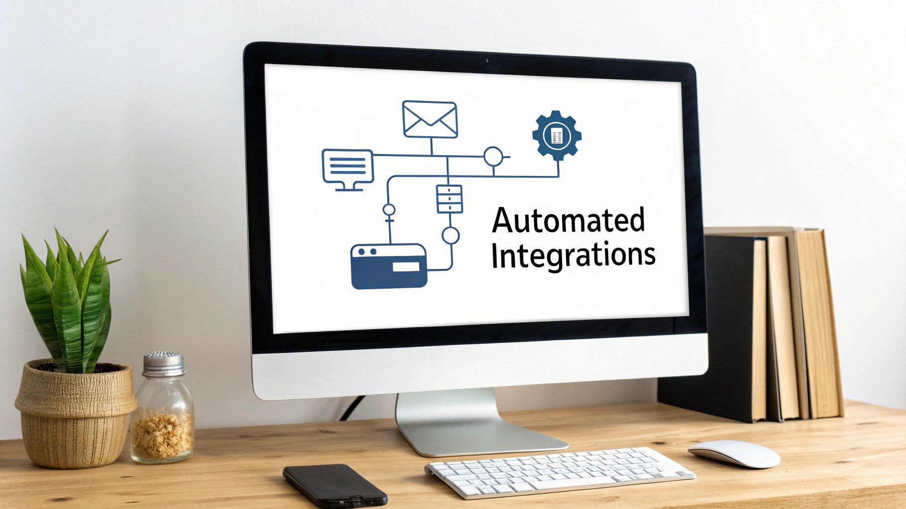 A computer screen displays a diagram illustrating 'Automated Integrations' on a wooden office desk.