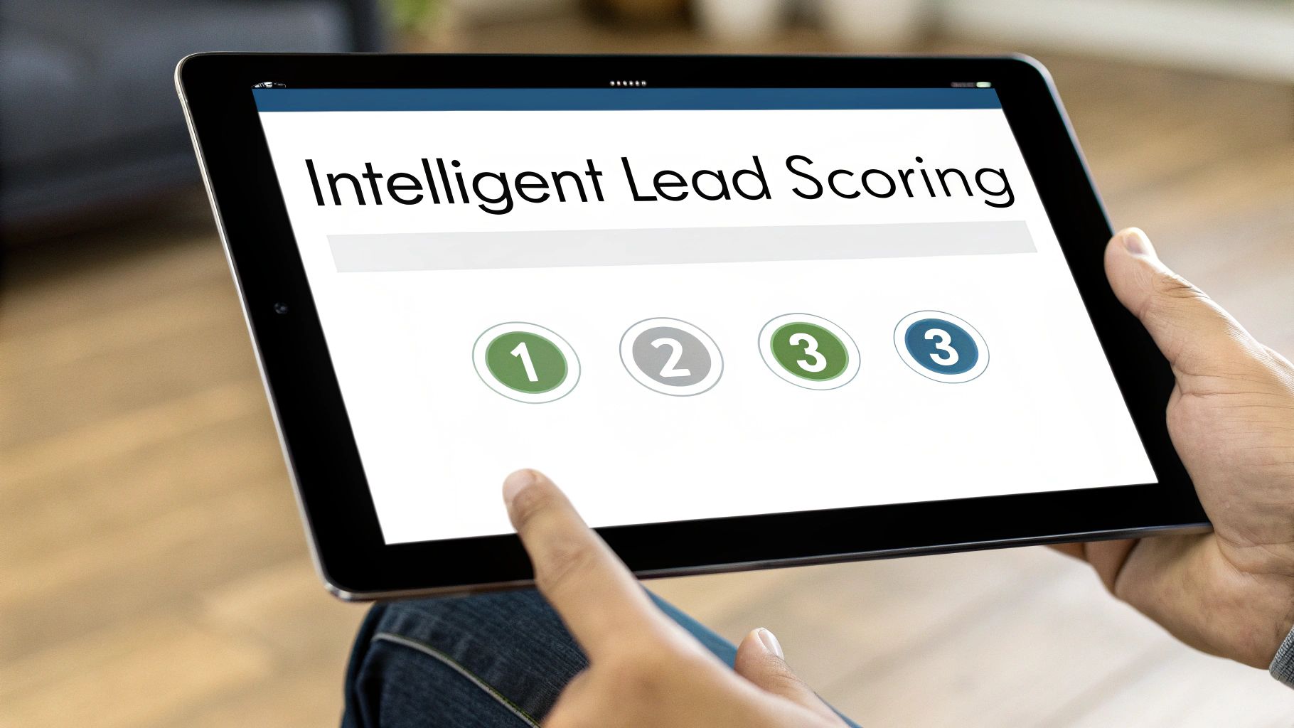 A person interacts with a tablet showing 'Intelligent Lead Scoring' software and numbered selection buttons.