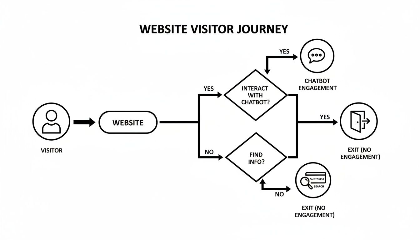 Flowchart illustrating a website visitor's journey, including chatbot engagement, information search, and various exit points.