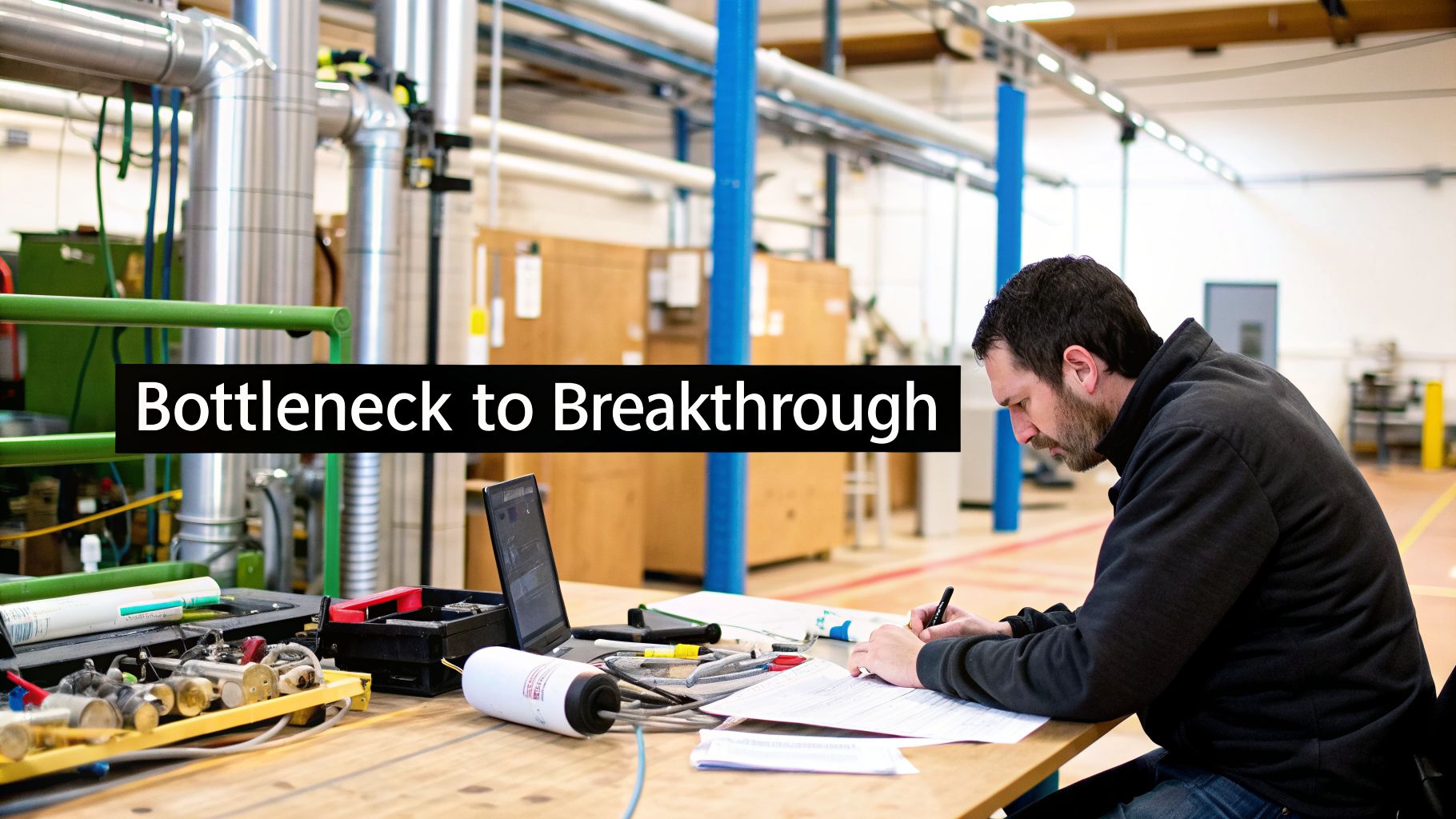 A man works diligently at a desk in an industrial facility, surrounded by machinery and equipment.