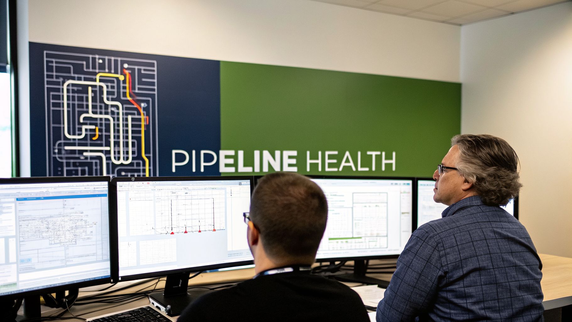 Two professionals analyzing complex pipeline data on multiple computer screens in a modern control center.
