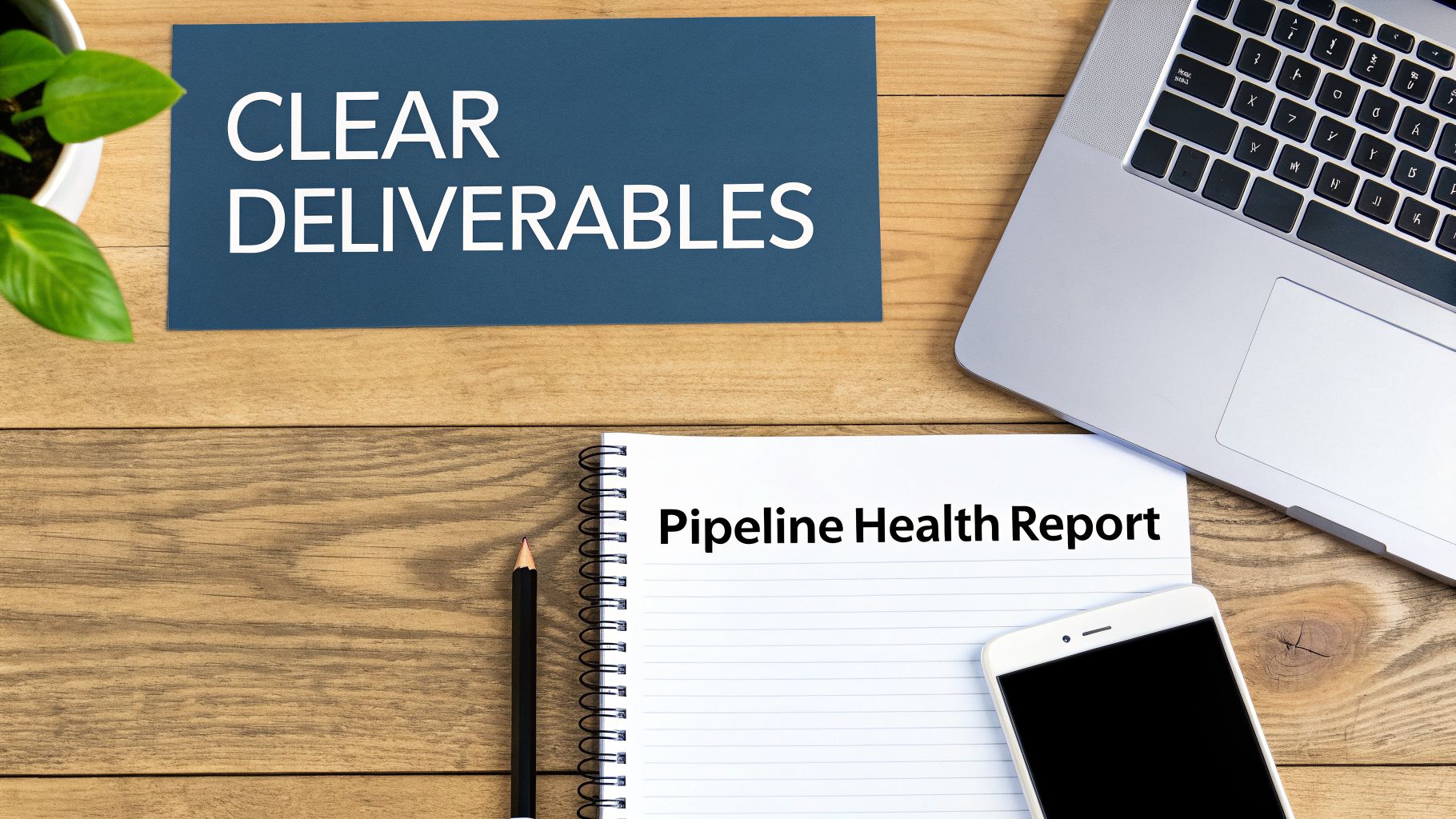 A top-down view of a wooden desk with a laptop, plant, notebook, and a card reading 'CLEAR DELIVERABLES'.