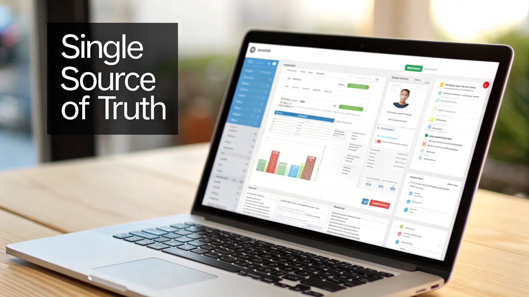 Laptop on a desk showing a data dashboard for client management, captioned 'Single Source of Truth'.