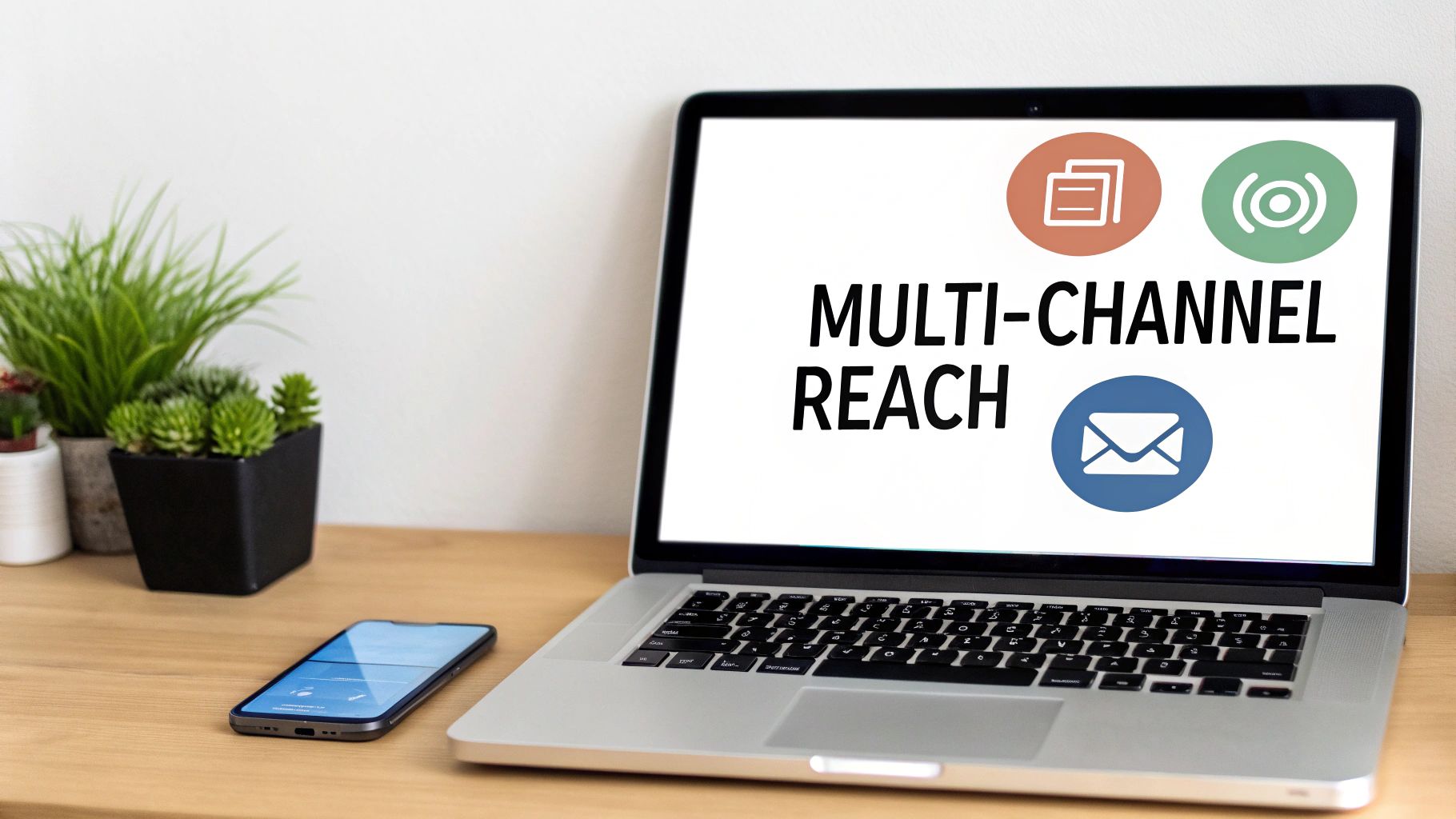 A laptop screen displays 'MULTI-CHANNEL REACH' with icons representing documents, signals, and email, next to a smartphone and plants.