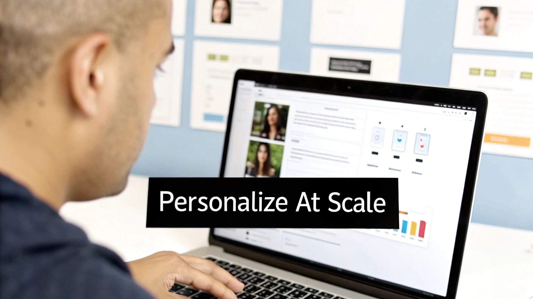 Man using a laptop displaying a data dashboard with 'Personalize At Scale' text overlay.