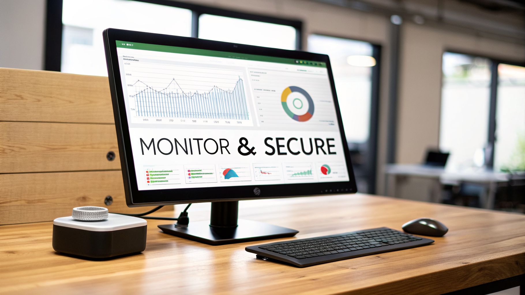 A computer monitor displaying data analytics and "MONITOR & SECURE" on a modern office desk.