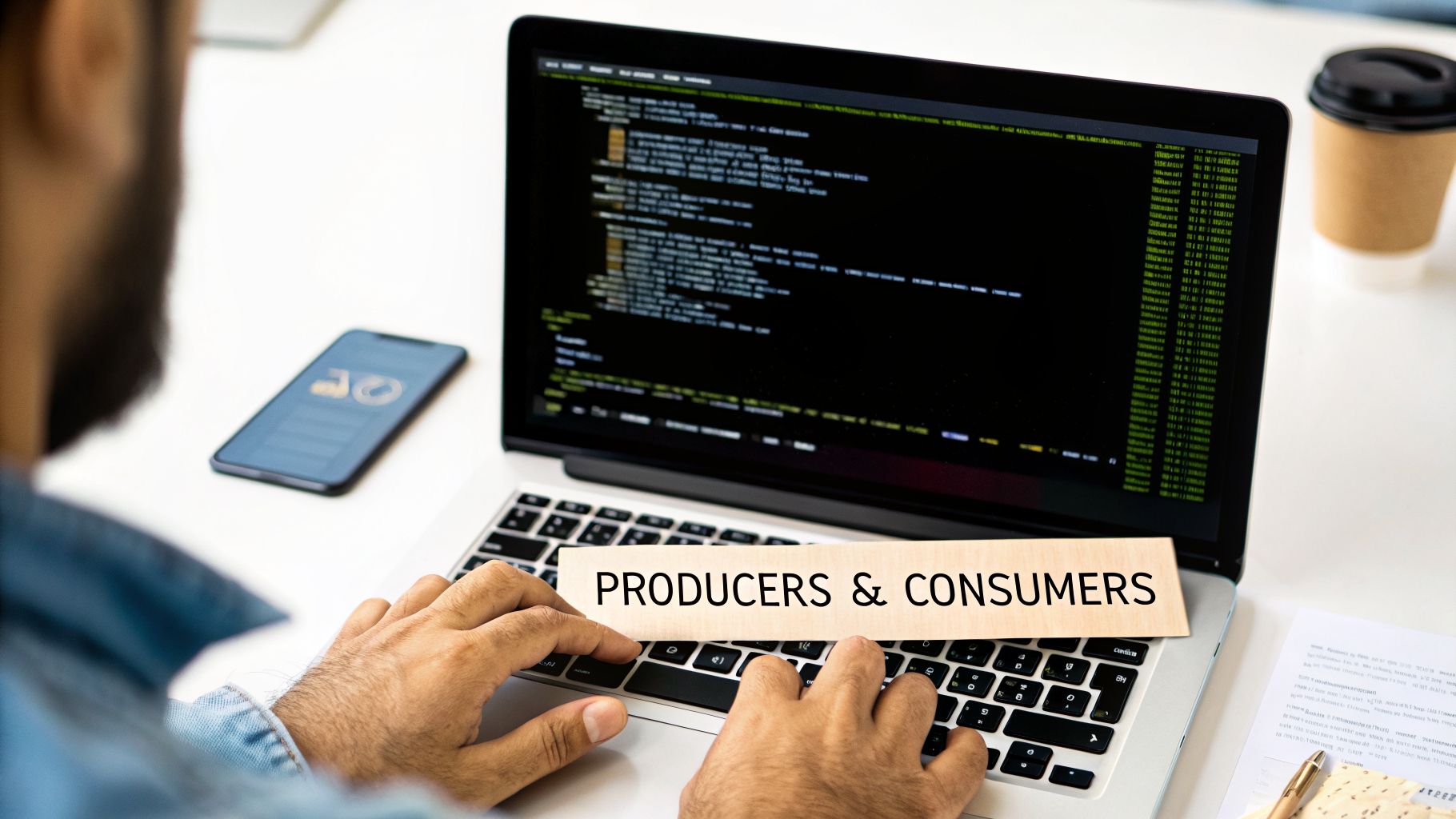 A developer's hands typing on a laptop with code on screen and a 'PRODUCERS & CONSUMERS' sign.